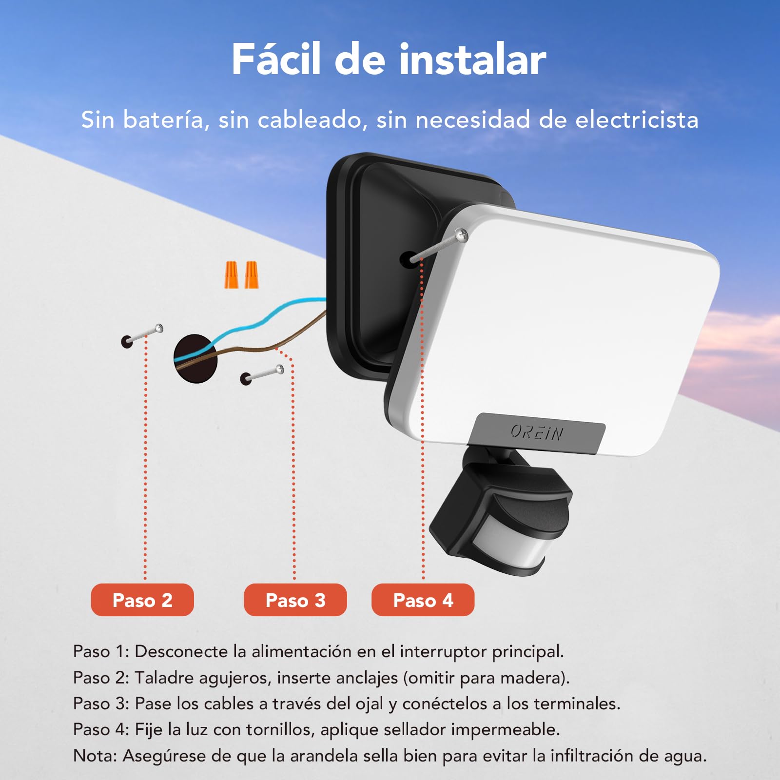 OREiN Foco LED con detector de movimiento para exteriores, 2800 lm, 2700/4000/6500 K, luz blanca cálida/neutra/fría, superbrillante, 24 W, con 3 modos de iluminación, IP65, resistente al agua