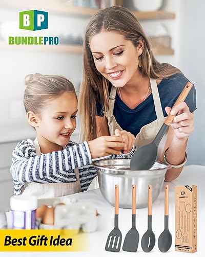 Miniatura 7 de Juego de 4 utensilios de cocina de silicona, espátulas sólidas antiadherentes y cucharas ranuradas resistentes al calor con mango de madera, juego