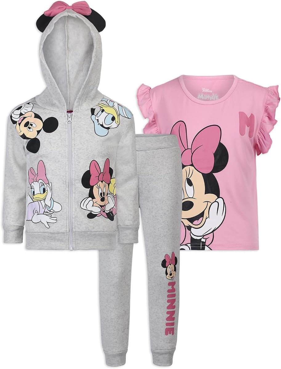 Disney Minnie Mouse Girls Hoodie T-Shirt and Pants Set for Little Kids