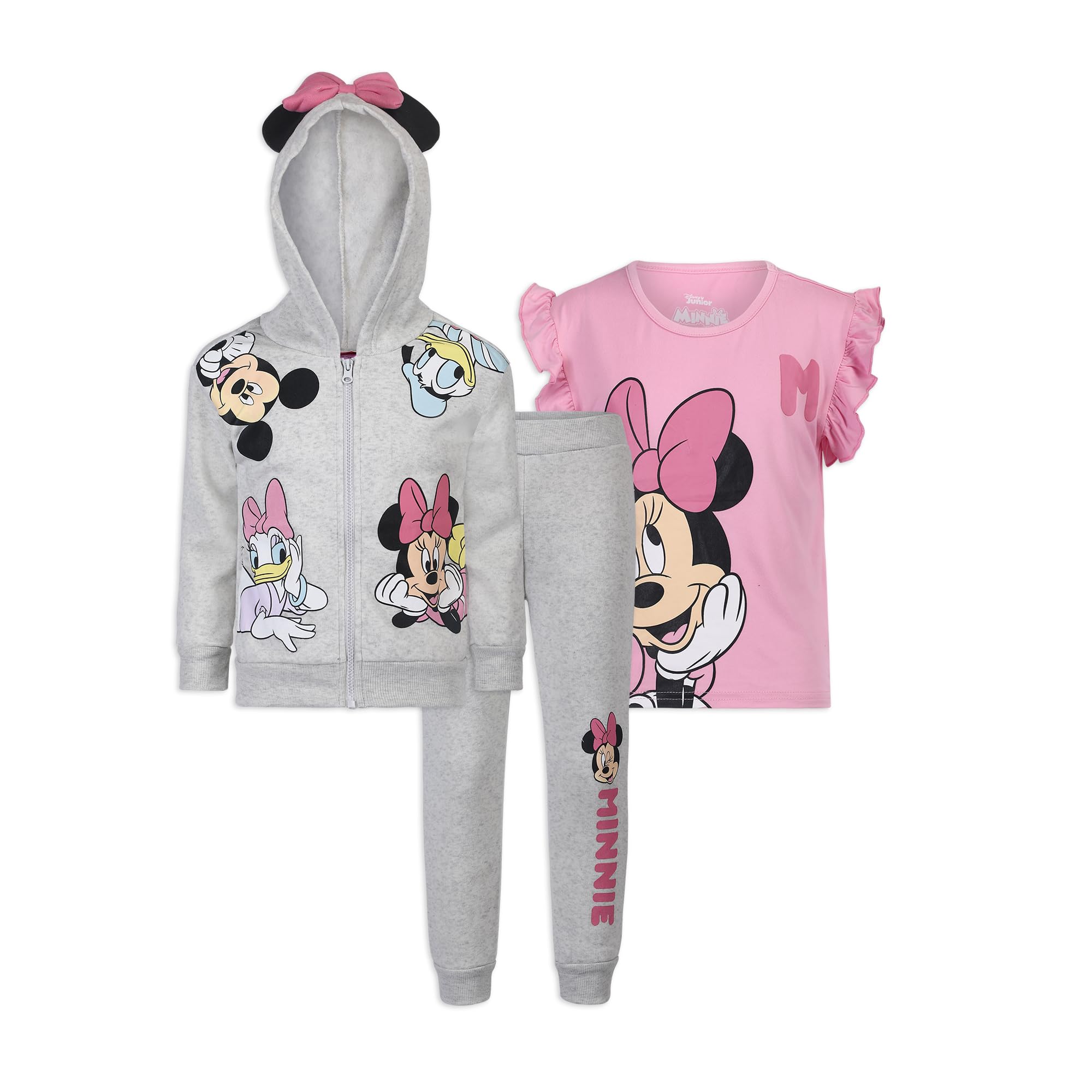 Disney Minnie Mouse and Friends Felpa con cappuccio, maglietta e pantaloni per bambine e grandi, rosa e grigio chiaro