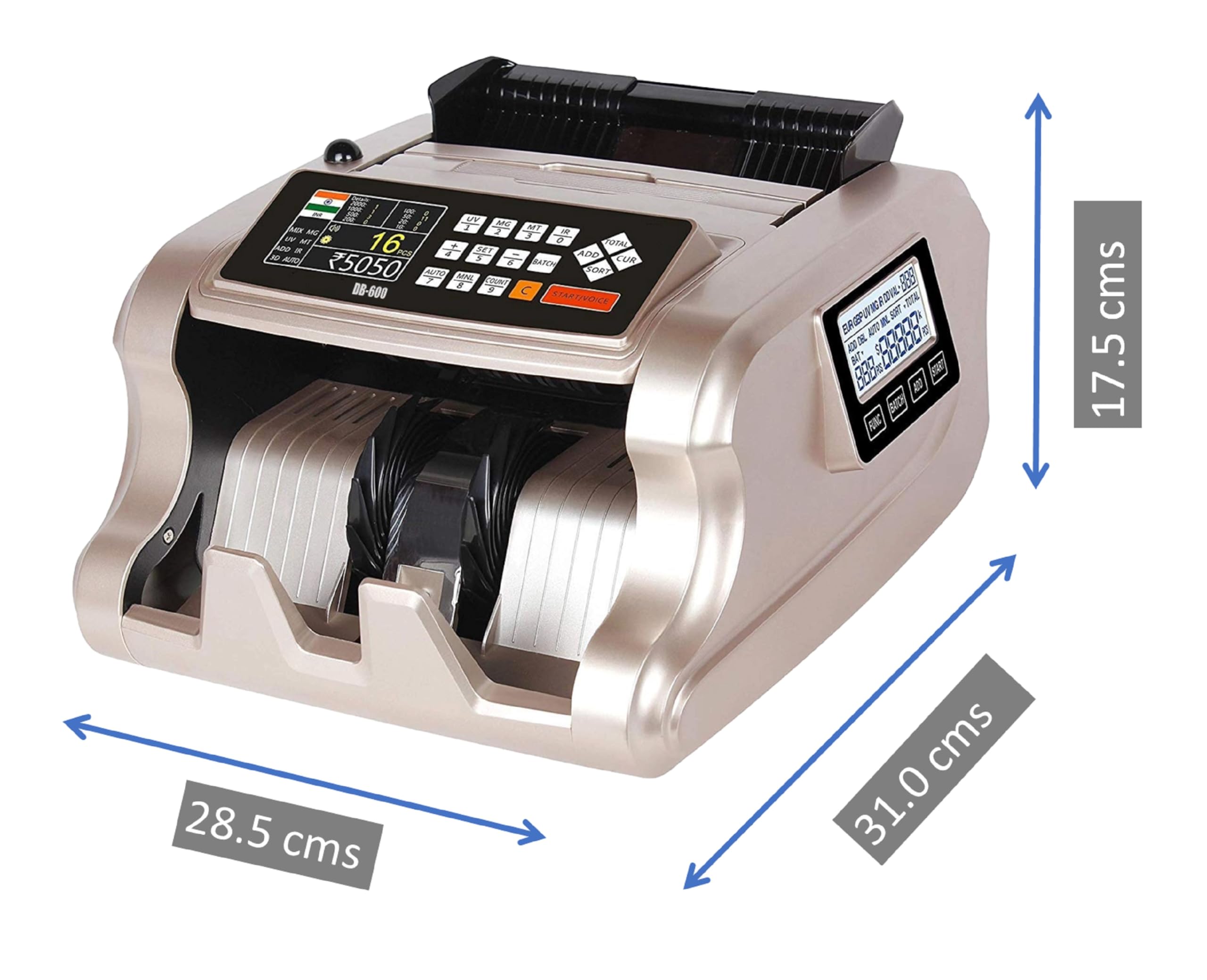 Dosberg DB-600 Cash Counting Machine – Mix Value Counter for INR/USD/EUR  with Denomination Display, 3D Fake Note Detection, UV/MG/MT/IR, Auto  Start/Stop : Amazon.in: Office Products