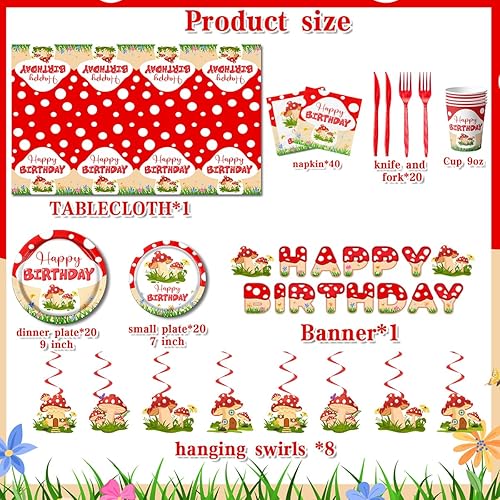 Miniatura 5 de Decoraciones de cumpleaños de hongos, 150 piezas de vajilla de fiesta temática de hongos, incluye platos, servilletas, mantel, espirales colgantes