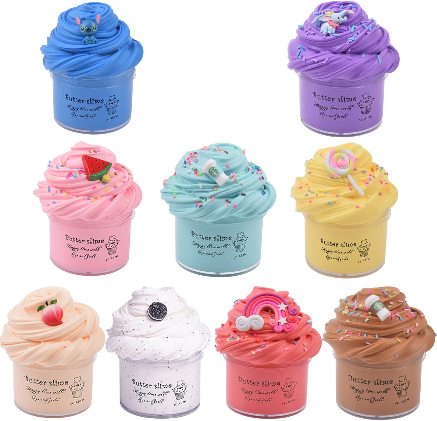 9 Pack Butter Slime Kit with Blue Stitch, Elephant, Watermelon, Latte, Candy, Peach, O-REO, Rainbow and Coffee Charms, Scented DIY Slime for Girls and Boys, Stress Relief Toy for Kids Party and Gift