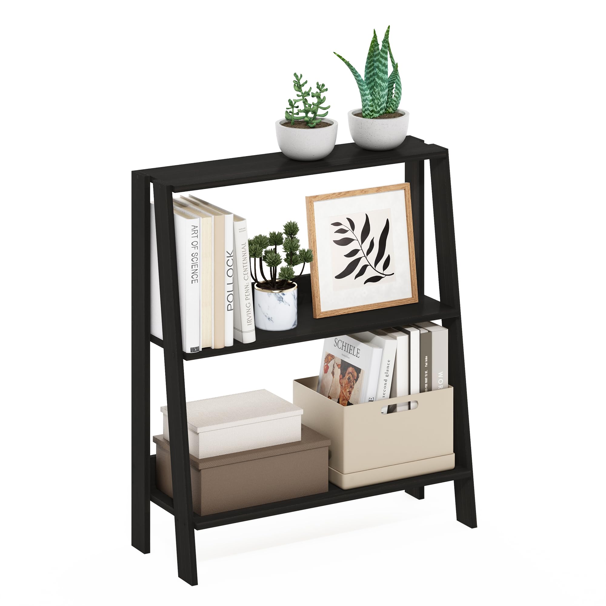 Furinno Ladder Book Shelf, 3-Tier Ladder Shelf, Open Design Bookshelf, Display Storage Bookcase, 9.3" x 23.6" x 27", Living Room, Home Office,