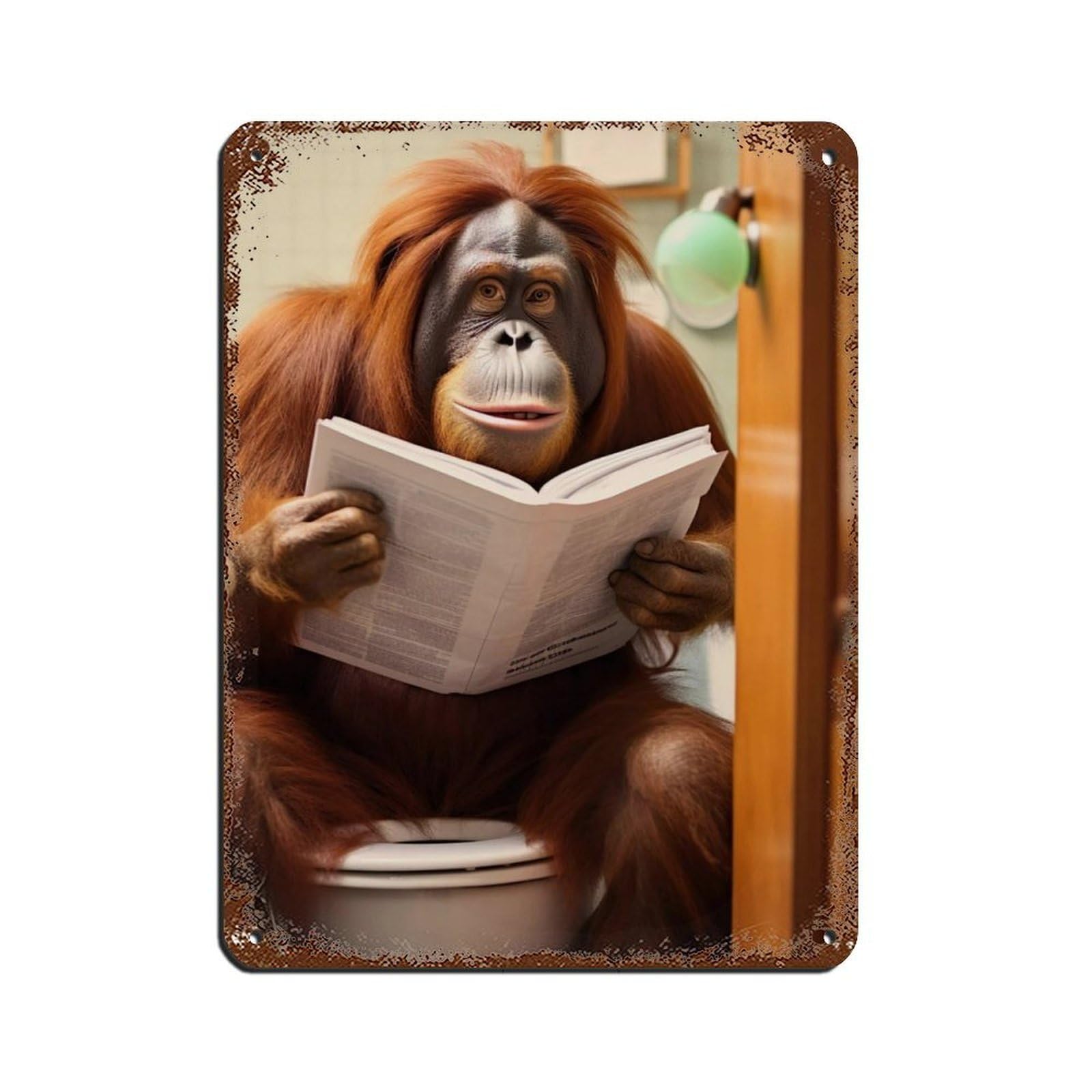 Lxwnze 30L X 40W Cm Orangutan Ape Sitting On The Toilet Reading A Newspaper (4) Tin Sign Vintage Metal Pub Club Cafe Bar Home Wall Art Decoration Poster Retro 12X16inch(30X40cm)