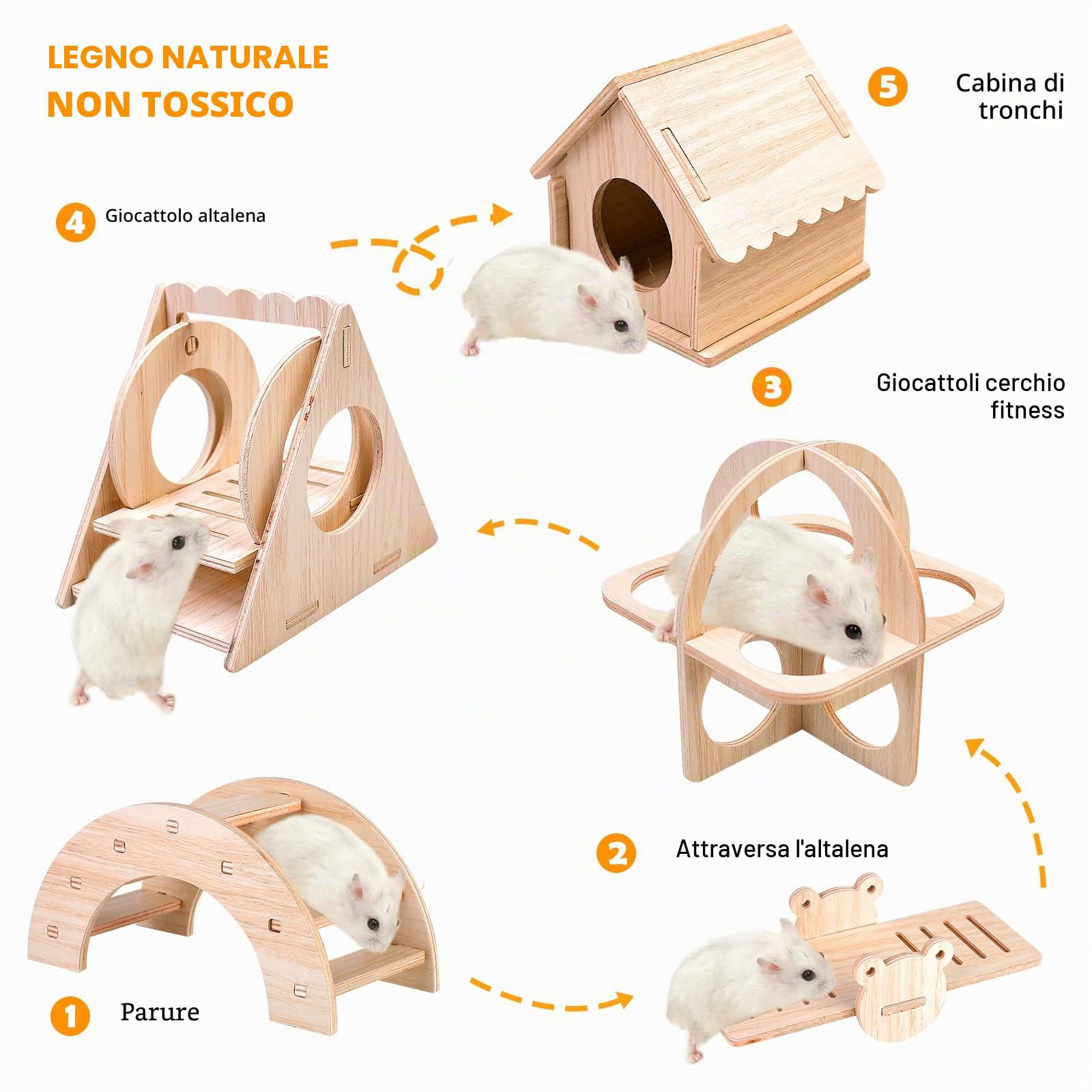 Giocattoli per Criceti in Legno, 5 Pezzi Set - Nascondiglio Casa Ponte Altalena Giocattolo Allenamento Accessori per La Gabbia per Criceti Russi