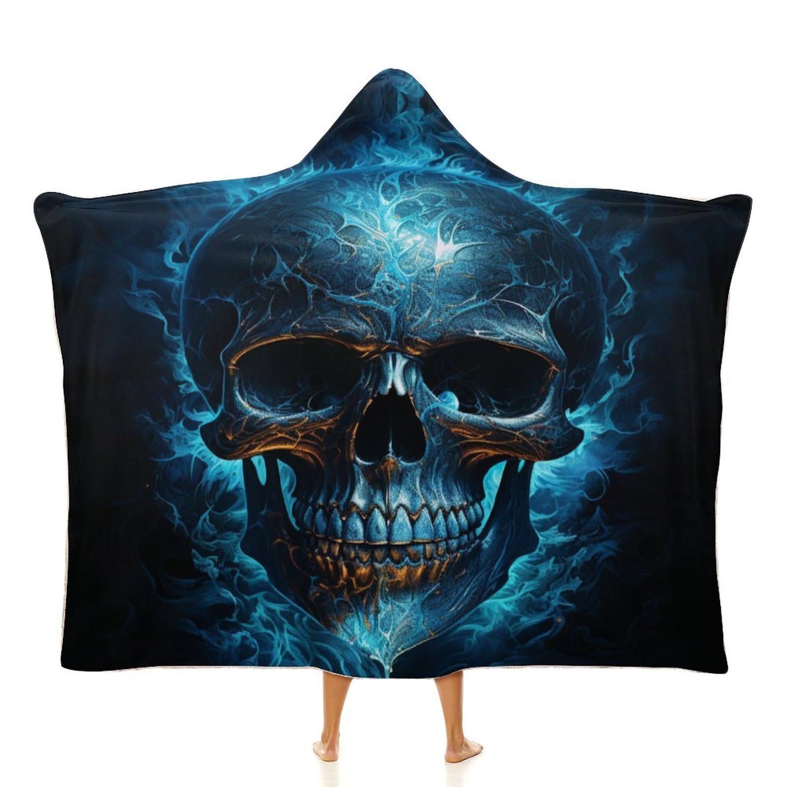 Snbidmk Blue Flame Skull Hooded Blanket Soft Fleece Throw Skull Plush Wearable Blanket Hoodie for Adult Kids-C1-60x80