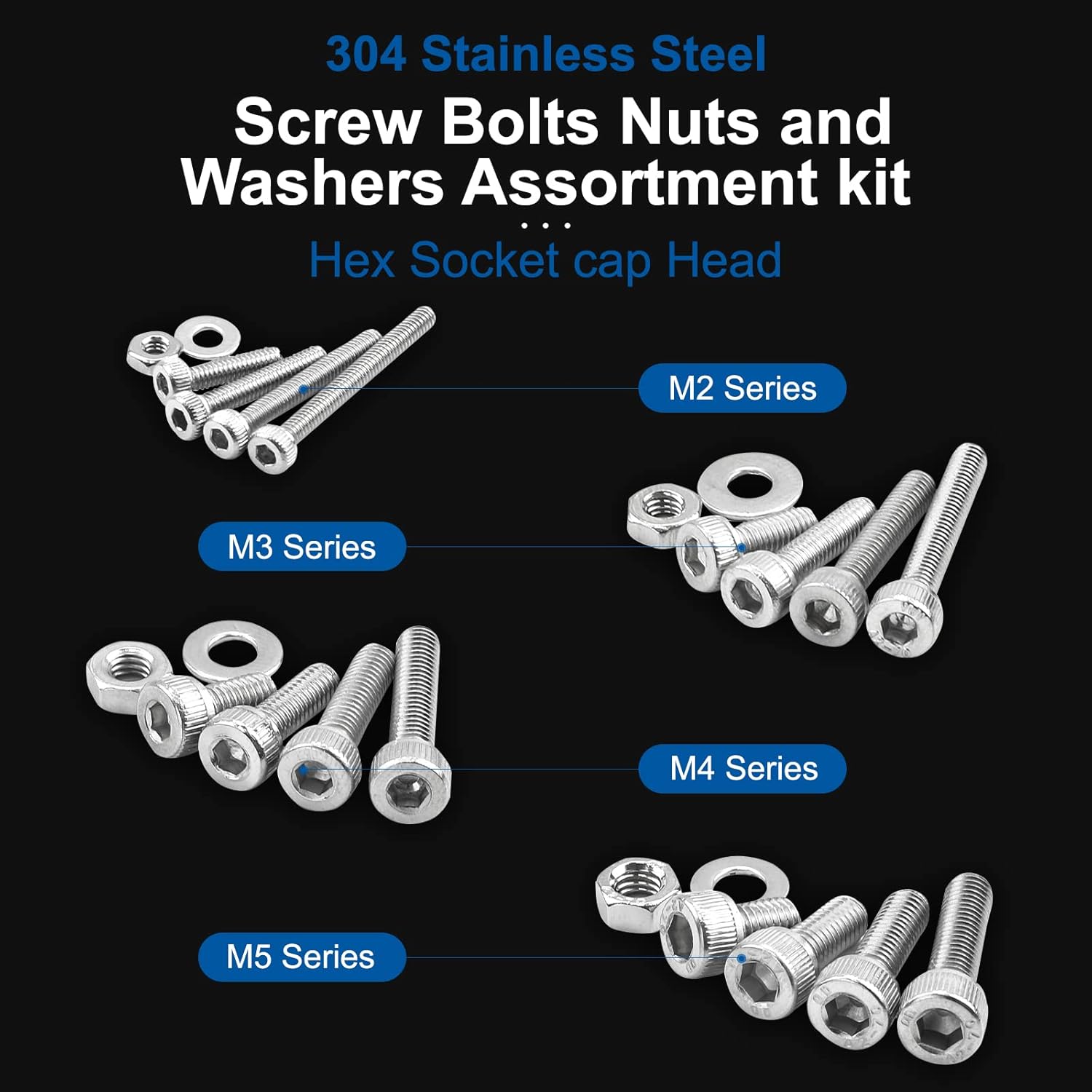 NINDEJIN M2 M3 M4 M5 Hex Socket Cap Screw Machine Screws Assortment Kit, Metric Screws with Nut and Washer & Wrench (580pcs+880pcs, 304 Stainless Steel)