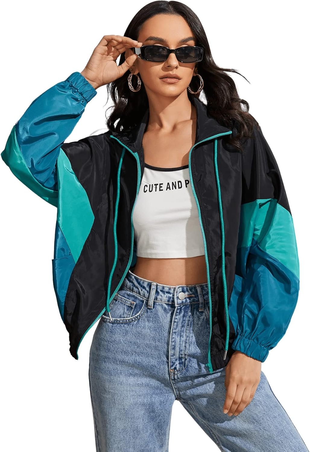 SweatyRocks Women's Lightweight Windbreaker Patchwork Zipper Sport Jacket Coat Outerwear