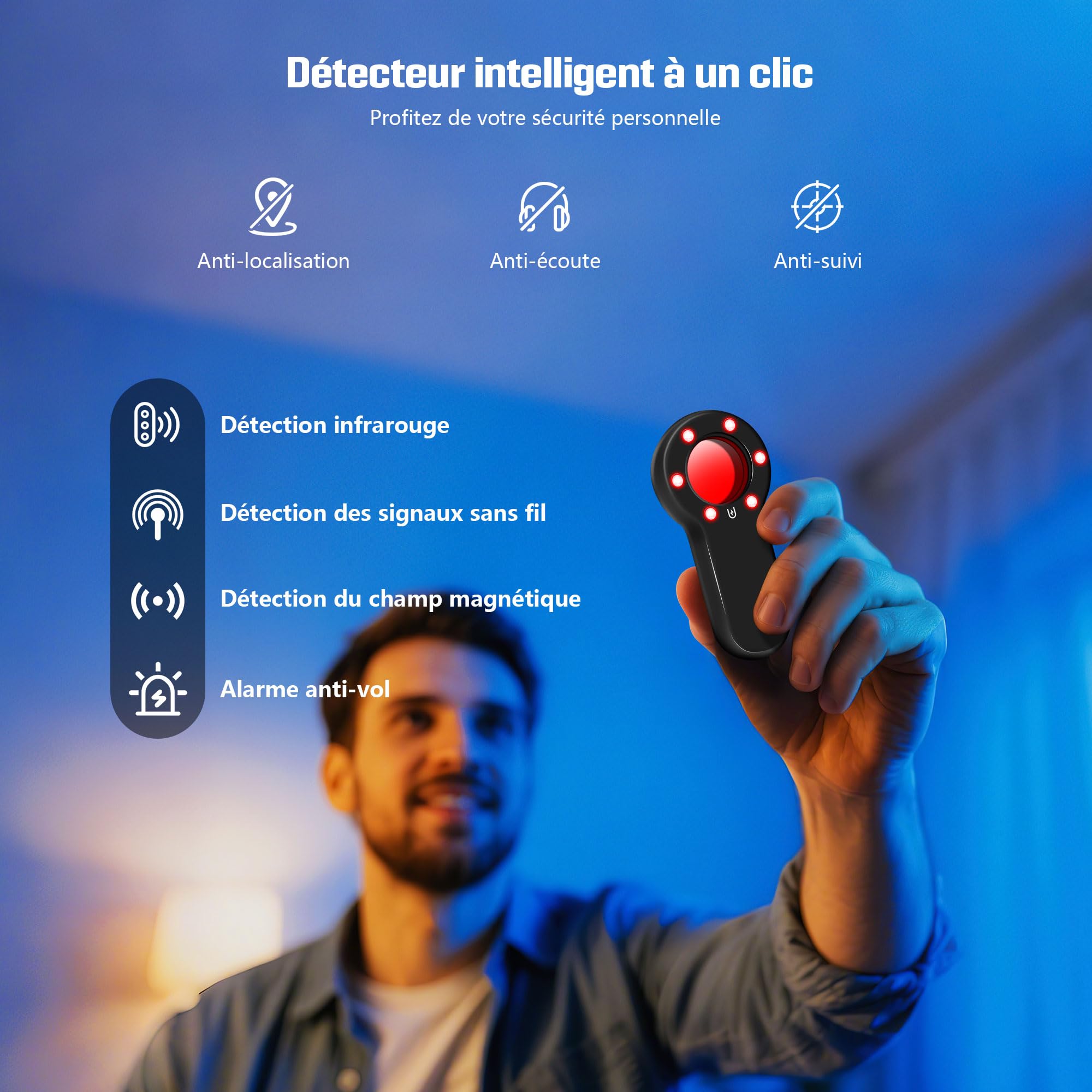 Détecteur de Caméra Cachée, Micro Espion Détecteur, Detecteur de Camera, 5 Niveaux de Sensibilité, Détecteur d'Écoute Anti-espionnage pour Hôtel, Maison, Voiture, Bureau, Voyage