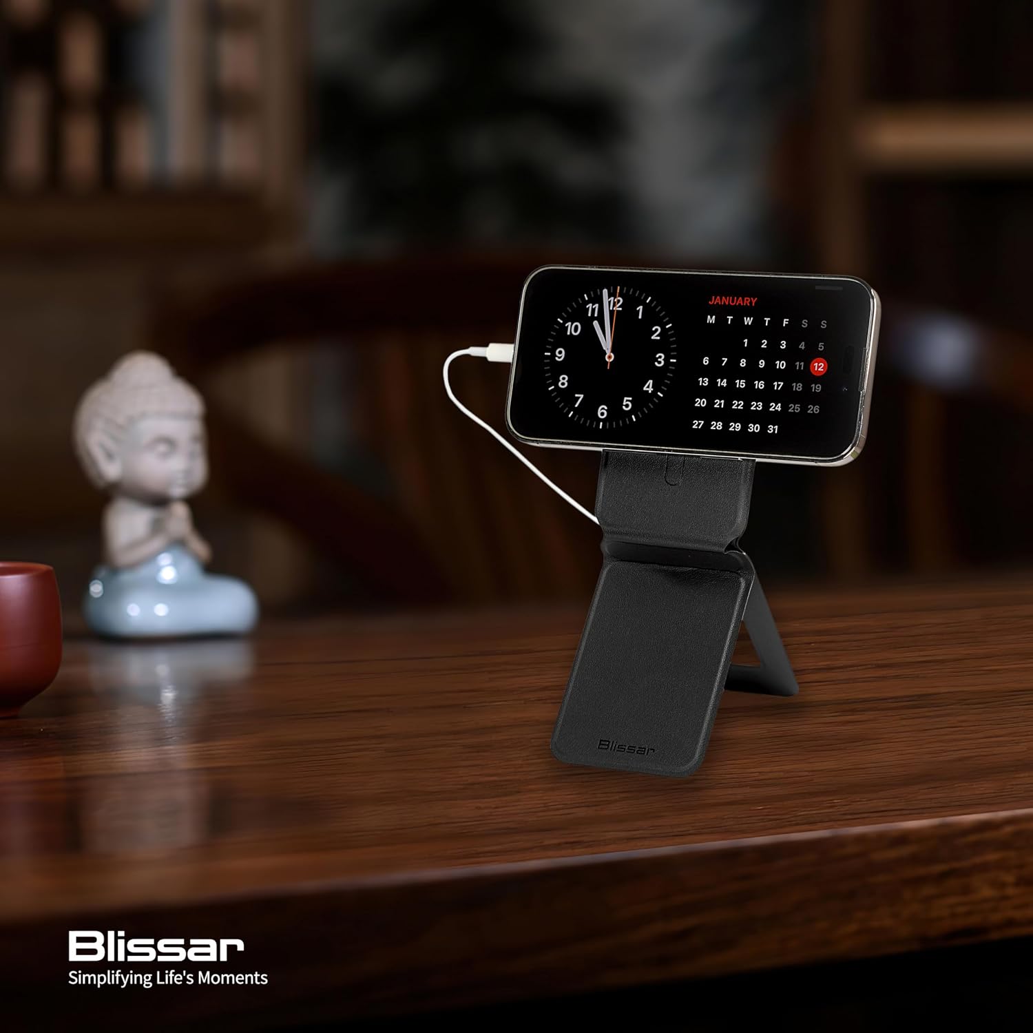 Blissar Magnetic Wallet Phone Stand, 3-in-1 Card Holder with Phone Tripod & Selfie Stick, MagSafe Compatible for i-Series 16/15/14/13, Metal Ring for Android Universal Fit, Premium PU Leather, Black