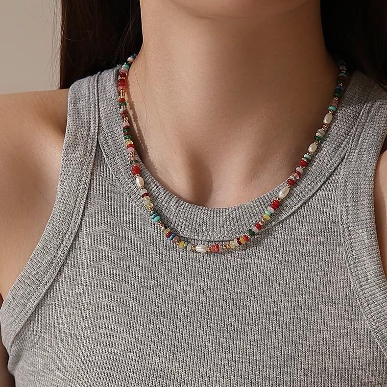 Colorful Necklace for Women Trendy Beaded Chain with Natural Freshwater Pearl Stone Necklaces Summer Beach Choker Jewelry Gift - Image 4
