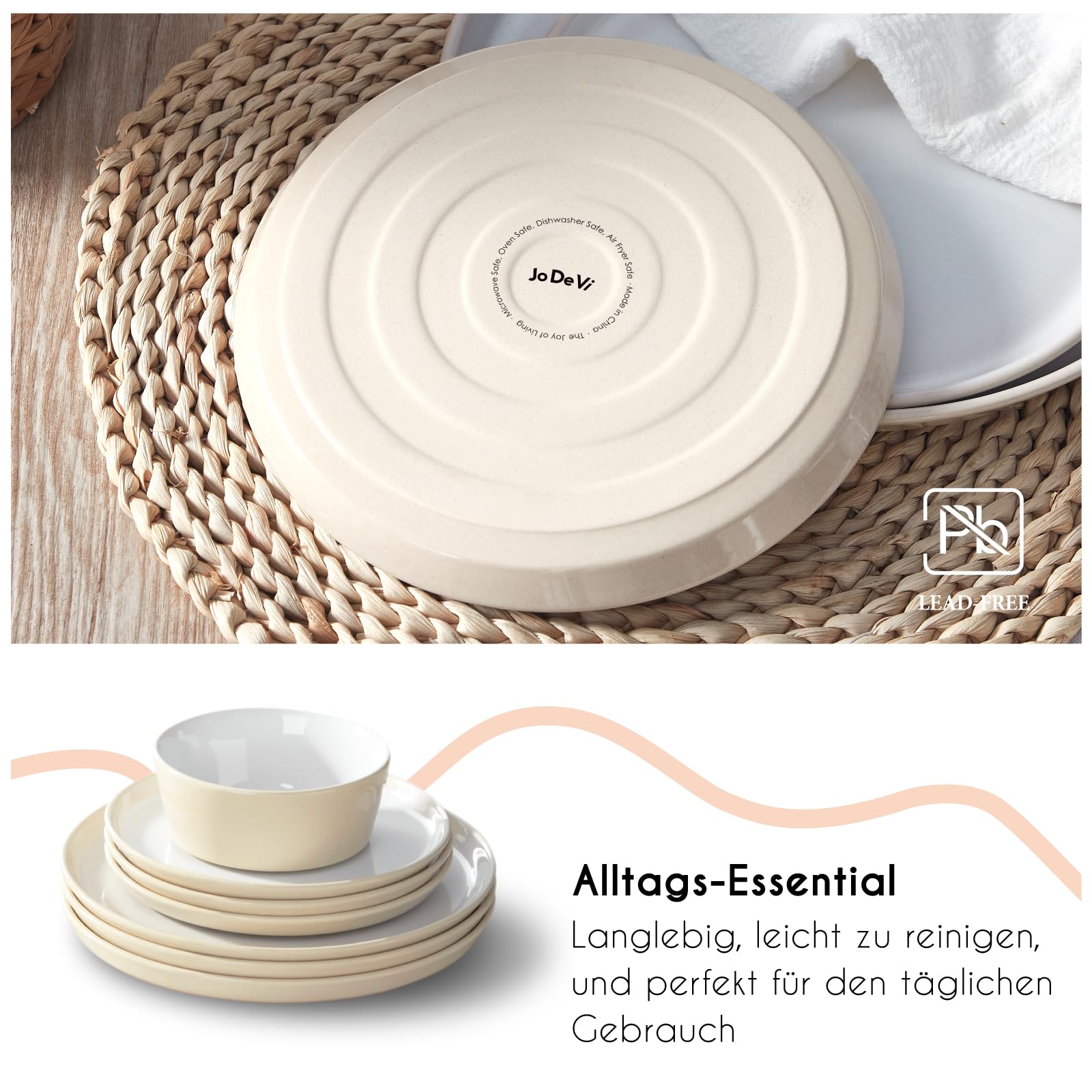 Geschirrset 4 Personen, 12 tlg Steingut Kombiservice Modernes Geschirr Set, Schüssel- und Teller Set aus je 4x Speiseteller 4x Dessertteller 4x Müslischalen, Rustikales Farmhouse-Design, Hellbeige