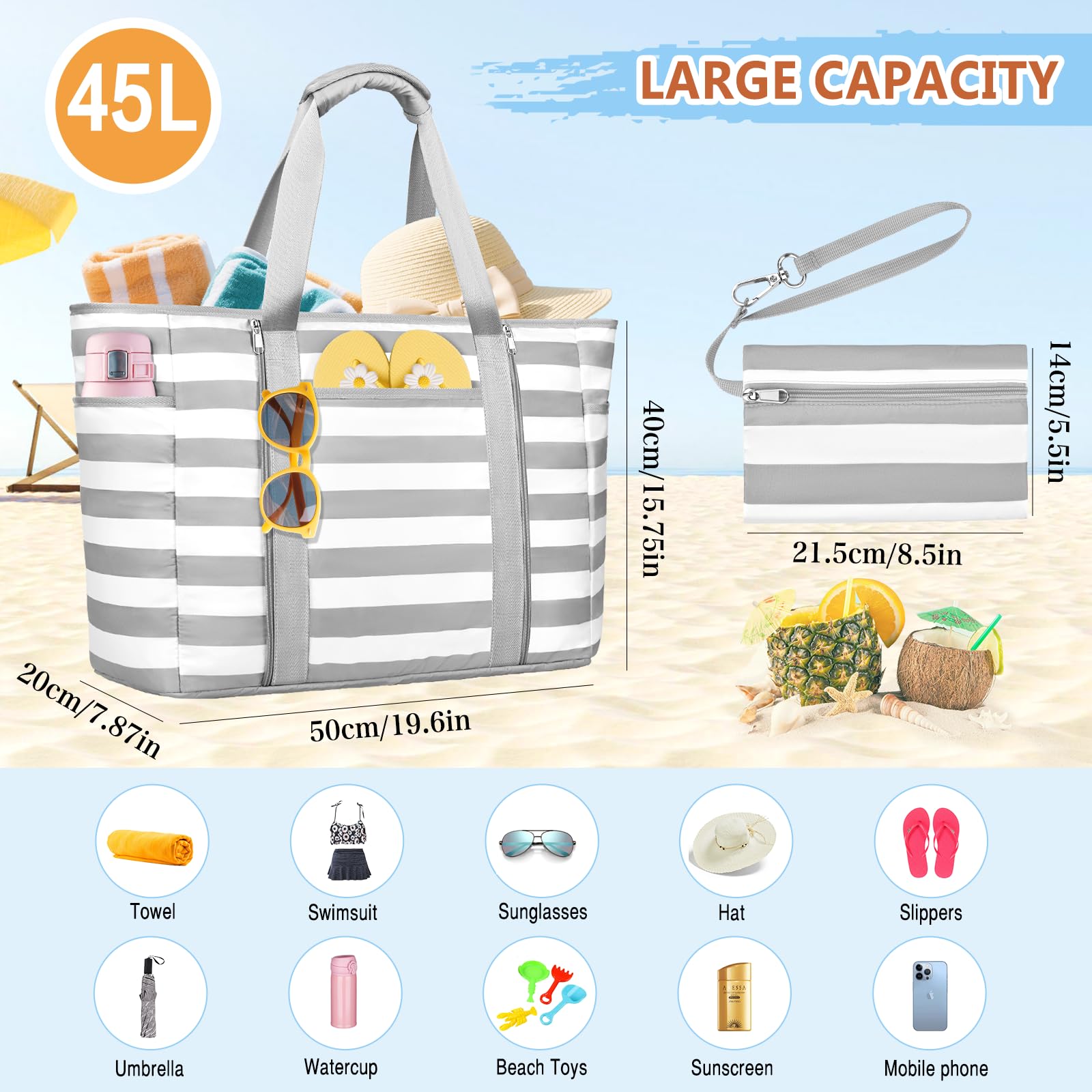 Borsa Mare Donna Grande, Borsa Spiaggia XXL Famiglia 45L Impermeabile Borse Mare con Cerniera Pieghevole Leggera Borse Beach Tote Bag per Spiaggia,Viaggio,Vacanza