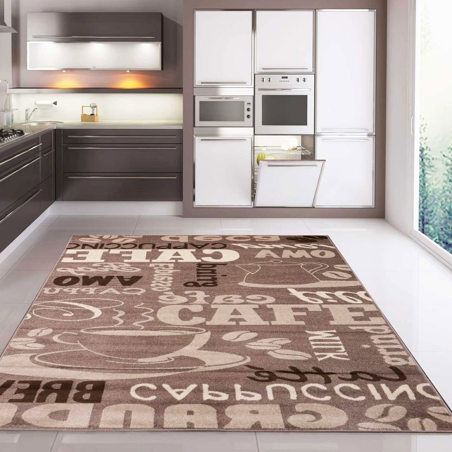 VIMODA Küchenteppich Teppichläufer Coffee Modern Kaffee Design in Braun Beige Teppich für Lounge oder Küche, Maße:120x170 cm