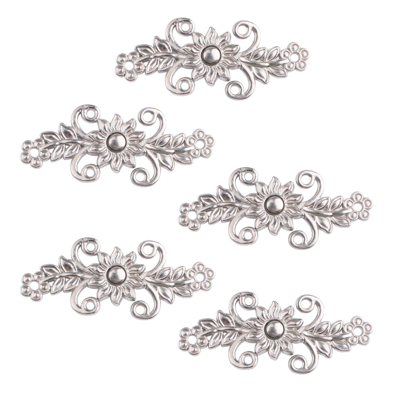 WANDIC Cardigan Clips, 5 Pairs Retro Chrysanthemum Flower Cape Fasteners Sew On Hooks And Eyes Cardigan Clip Cloak Clasp Fasteners For Sweater Shawl, White Nickel