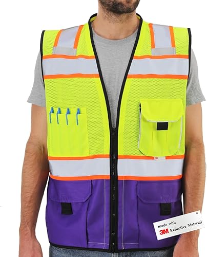 Miniatura 8 de Dib Safety Chaleco reflectante con bolsillos y cremallera, malla de alta visibilidad ANSI Clase 2, fabricado con cinta reflectante 3M, amarillo y