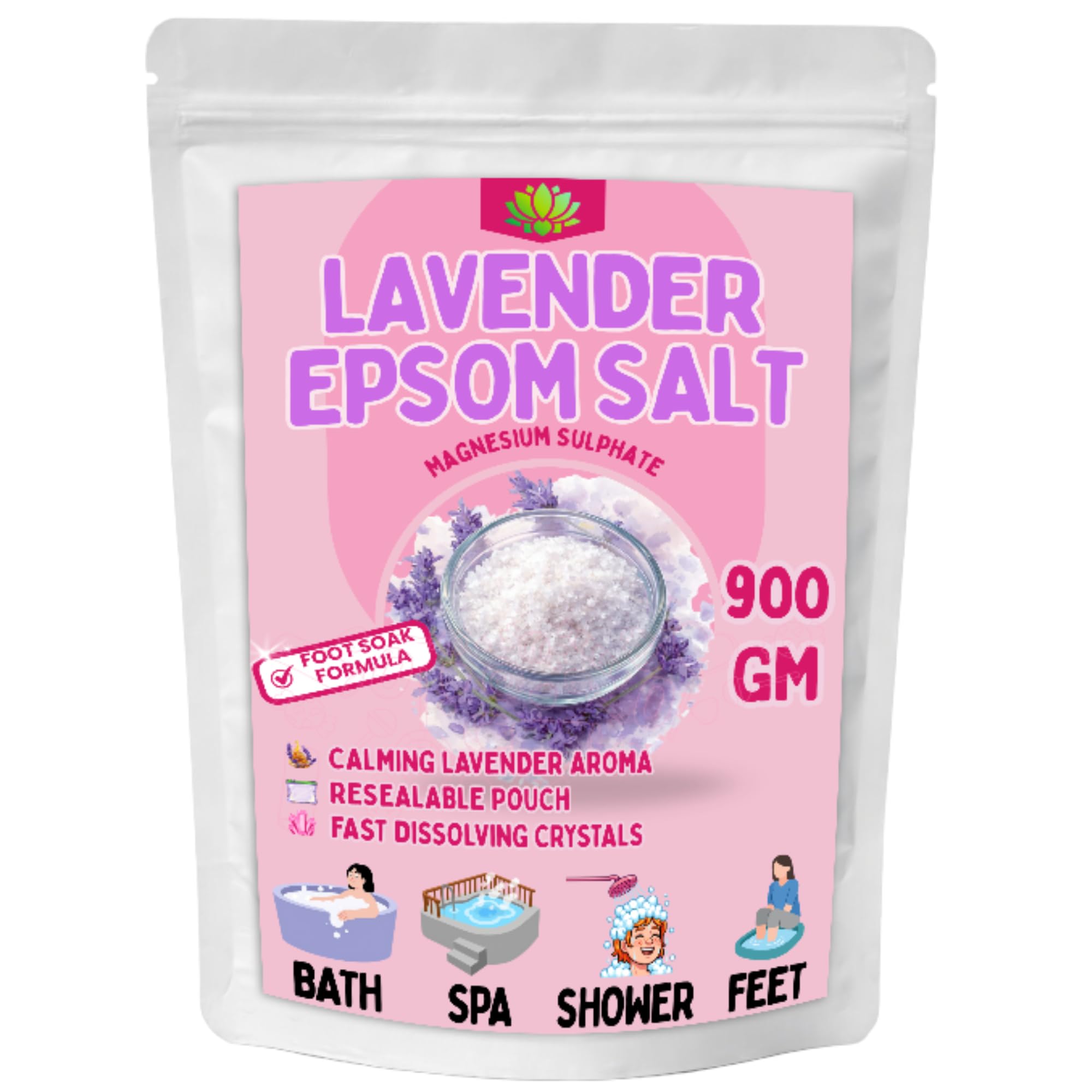 Epsom Salt 900g Lavender | Magnesium Sulphate Bath Salt for Relaxation & Foot Soak | Fast Dissolving Crystals | Resealable Pouch (900 gm, Lavender)-image-28