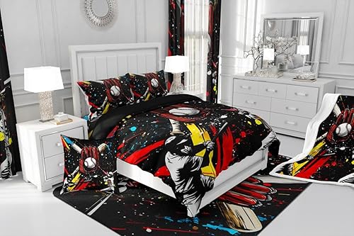 Miniatura 6 de Funda de edredón de béisbol matrimonial, juego de ropa de cama con temática de juegos de deportes de pelota para niños, funda de edredón de guantes