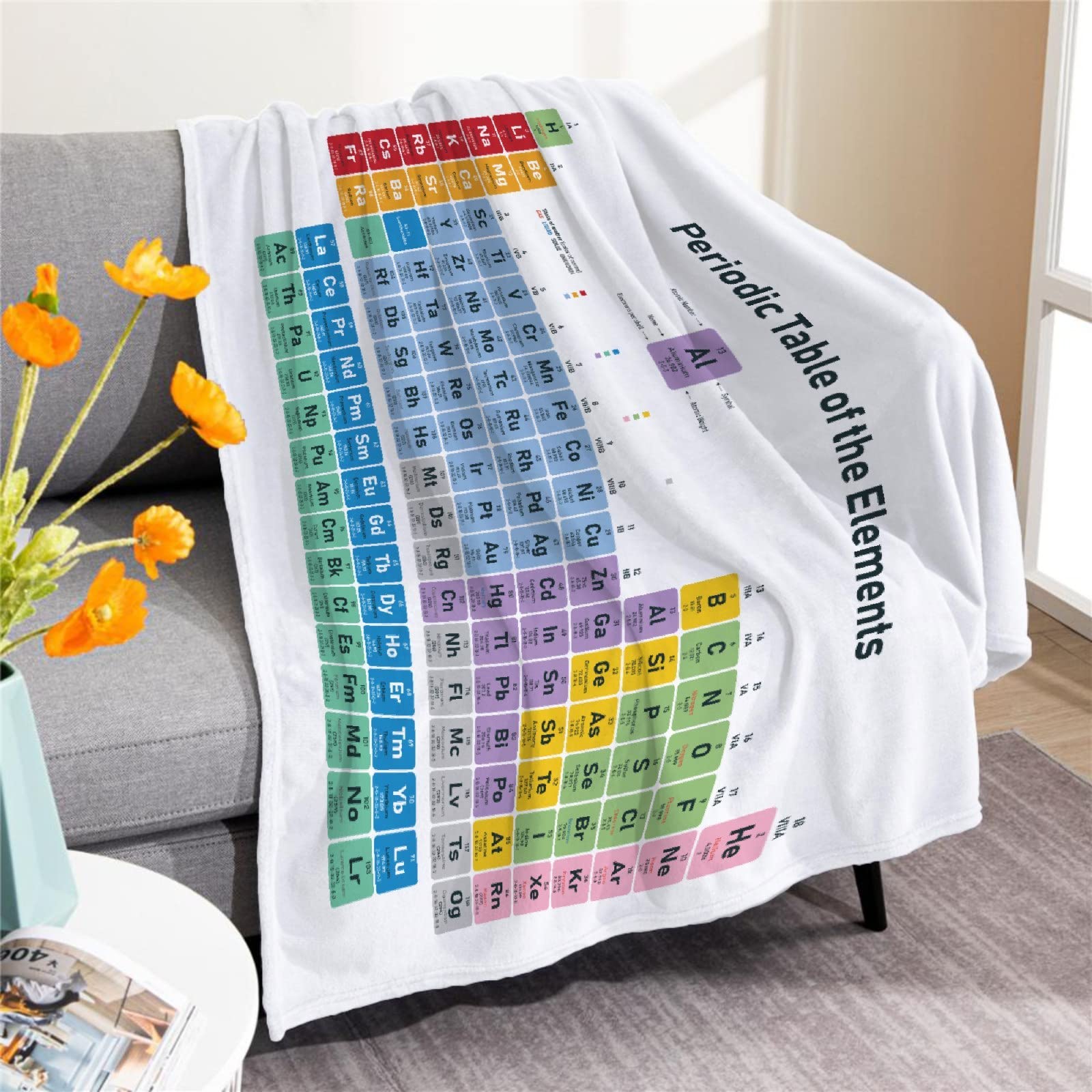 Periodic Table of Elements Chemistry White Blanket Microfiber Flannel Throw Lightweight Super Soft Cozy Blankets for Couch Bed Sofa Chair, Gift for Birthday Thanksgiving Christmas 80