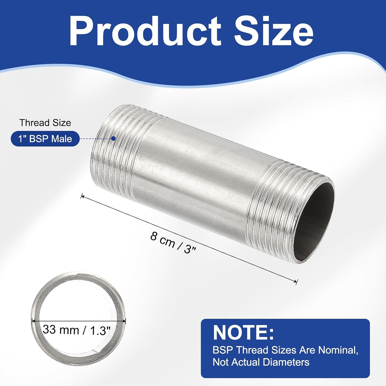 PATIKIL 304 Stainless Steel Pipe Fitting, 1 Pack 1" BSP Male x 1" BSP Male Threaded 3" Length Nipple Cast Pipe for Extending Piping, Silver