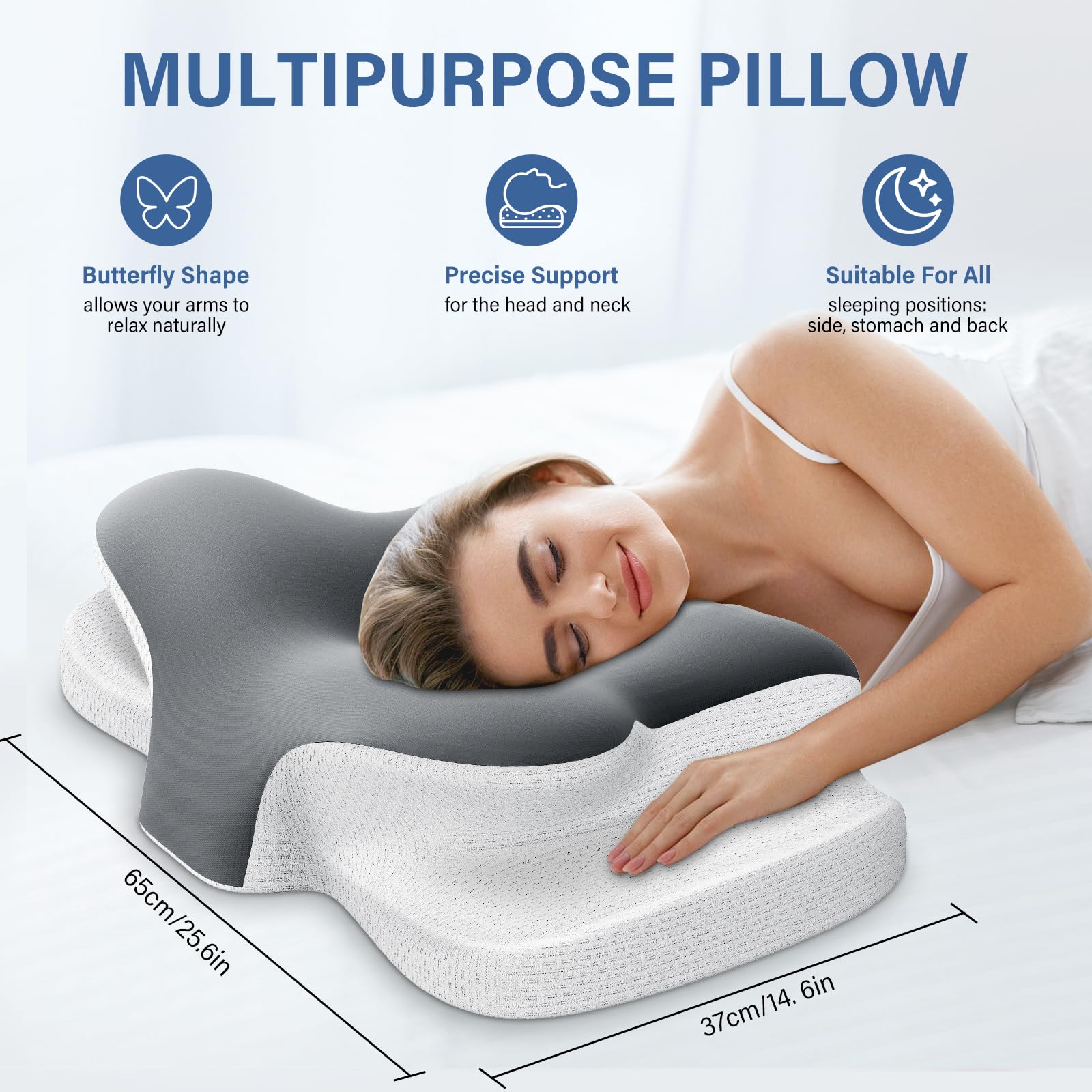 Ehomfory Almohada Cervicales y Cuello, Transpirable Almohada Cervical de Espuma Viscoelástica, 2 en 1 Almohada Ergonómica para Dormir de Lado, Boca Arriba y Boca Abajo