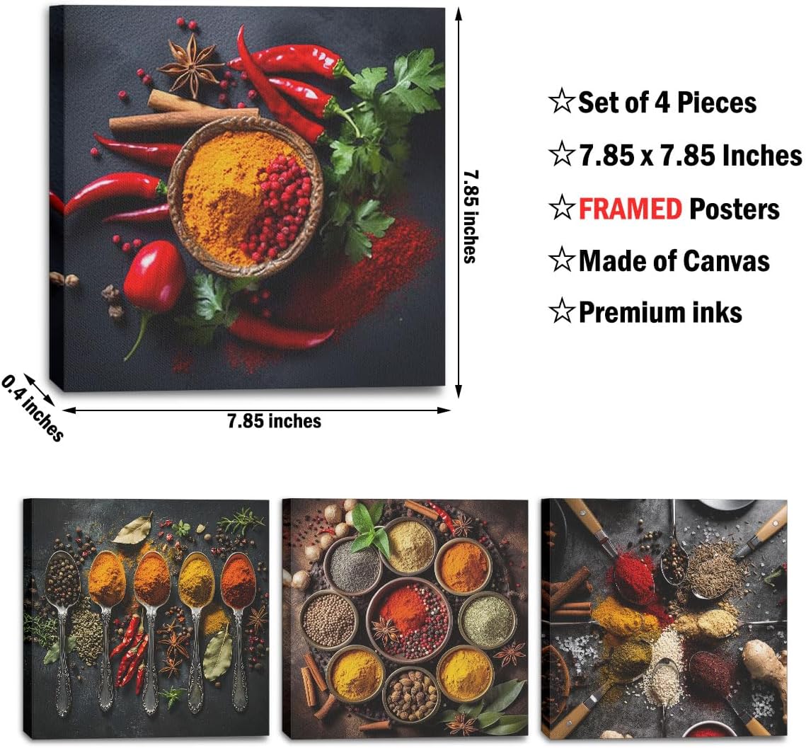 4 Pcs Kitchen Canvas Wall Art Framed Modern Spices and Seasonings Spoons Art Posters Retro Colorful Spice Pictures Wall Decor Canvas Decoration Artwork for Walls Home Dining room Deco