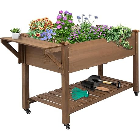 55.5" Elevated Garden Bed with Wheels and Storage