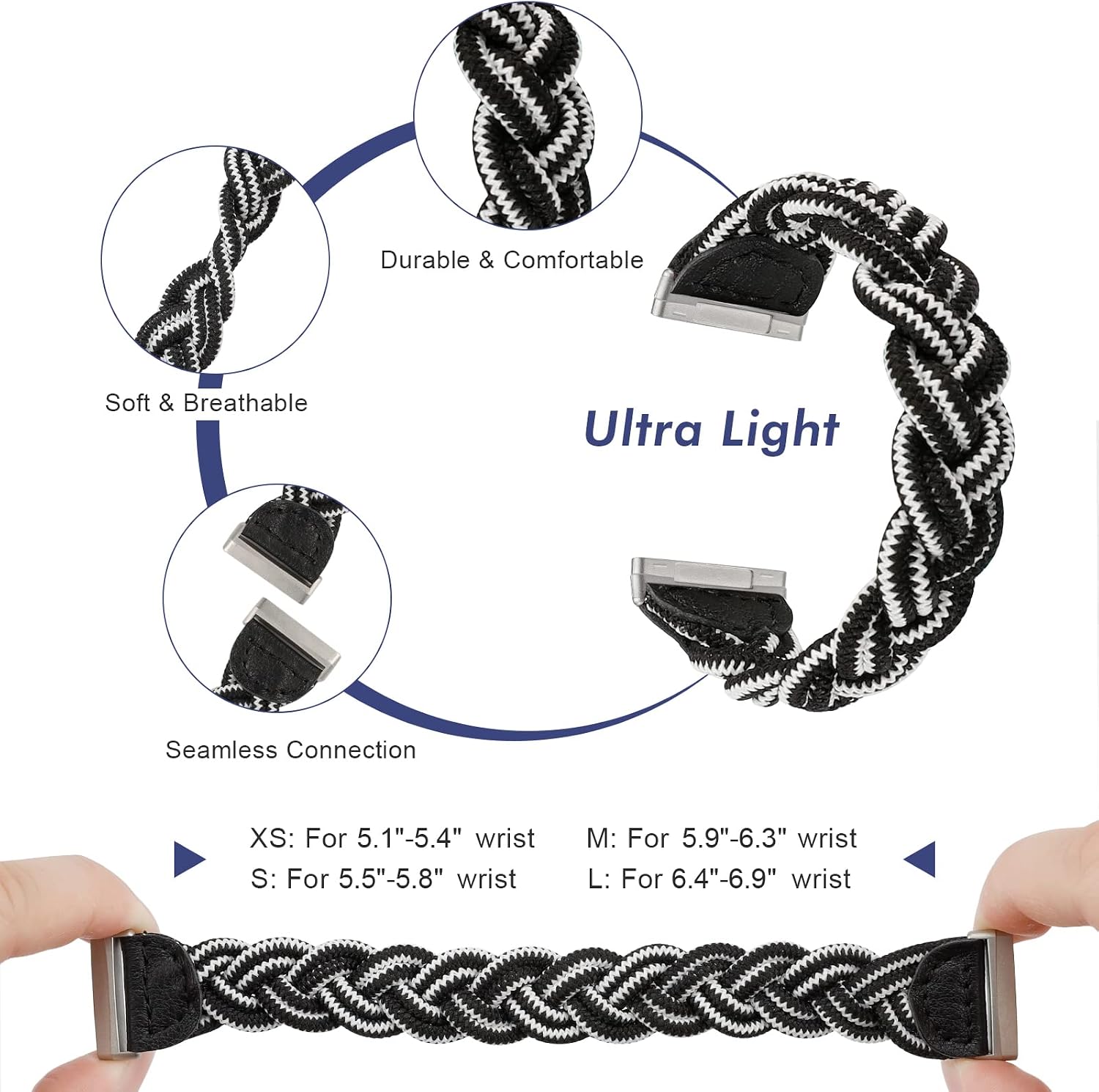 Wearlizer Elastic Band Compatible with Fitbit Sense Bands/Fitbit Versa 3 Bands/Sense 2 Bands/Versa 4 Bands for Women, Slim Solo Loop Braided Strap Stretchy Woven Wristband Accessory, Black White L
