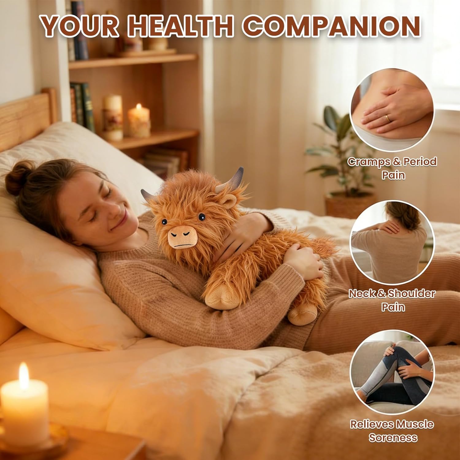 SuzziPals Heatable Coolable Weighted Highland Cow Stuffed Animal, Microwavable Stuffed Animals Peirod Heating Pad for Cramps, Cuddly Soft Plushies for Warmth & Companion, Highland Cow Gifts for Women