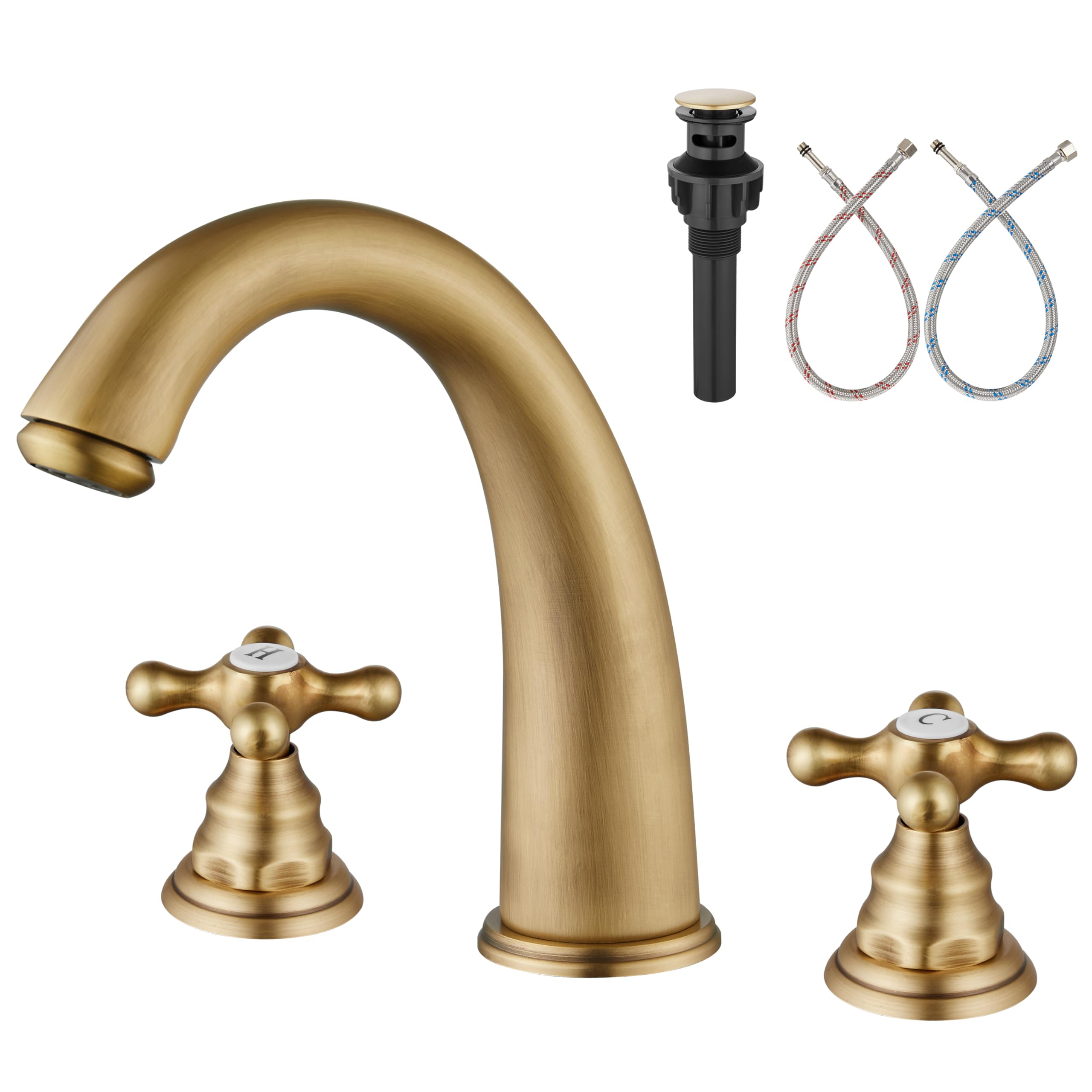 Aolemi Widespread Bathroom Faucet 3 Hole Sink Faucet 8 Inch Two Cross Handles Solid Brass Deck Mount Pop Up Drain Assembly Included Curved Spout Antique Brass