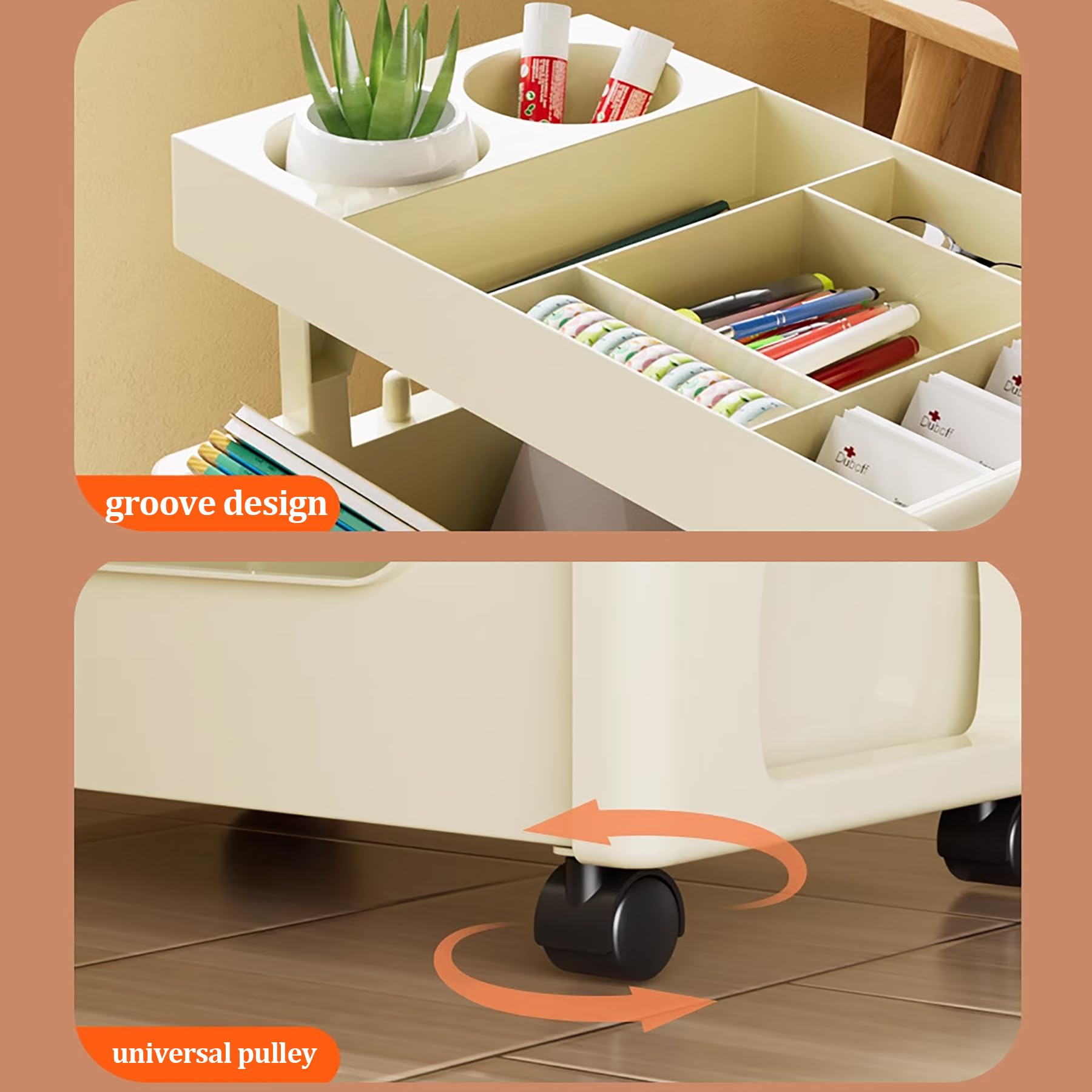 Beweegbare boekenrekwagen, 5 etages, beweegbare boekenrekwagen met wielen, draaibare afneembare multifunctionele rolwagen van kunststof, bureau voor thuiswerkkamer, woonkamer