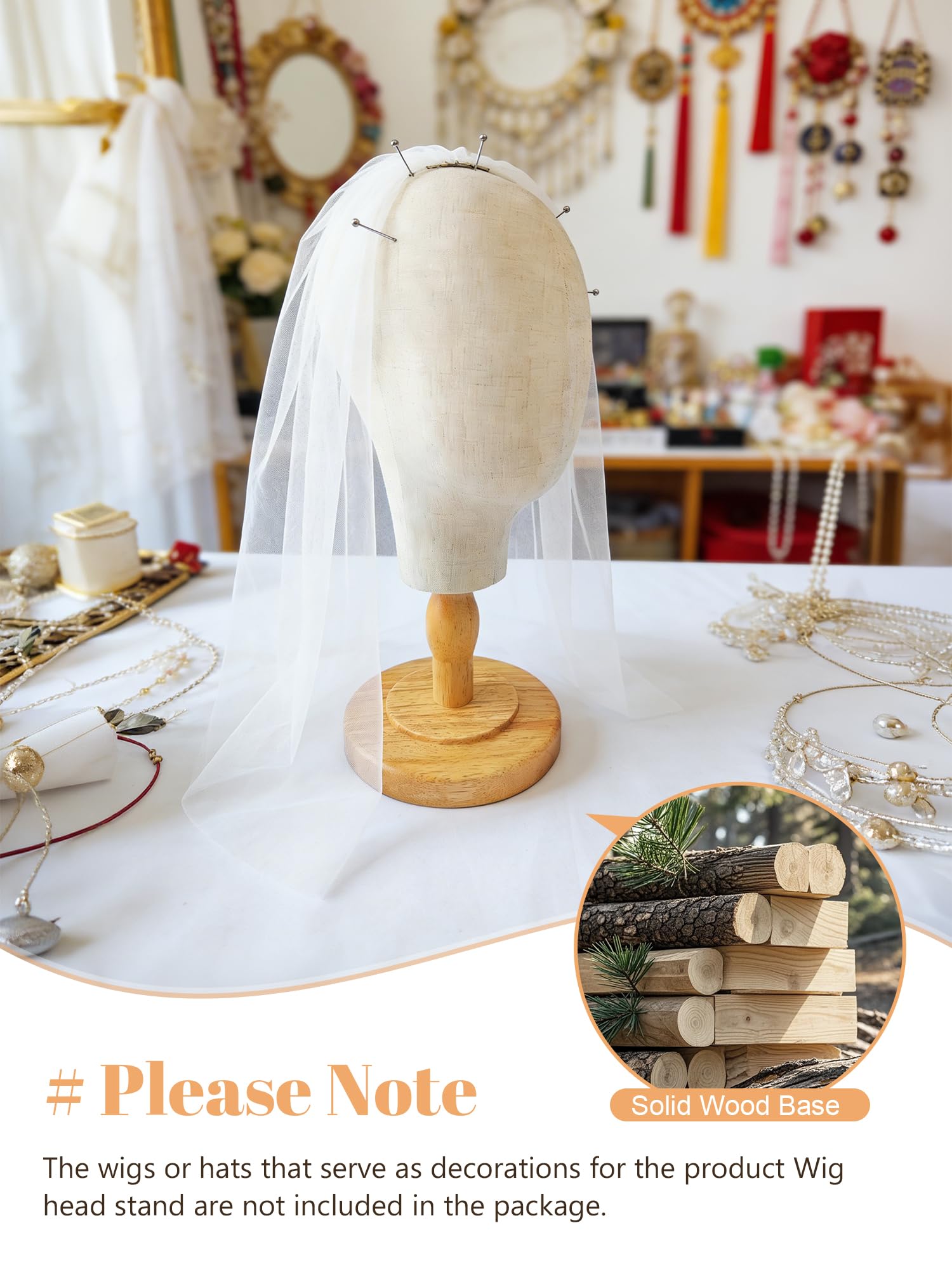 Support de tête de perruque en toile 21 pouces avec support en bois amovible pour chapeaux et perruques