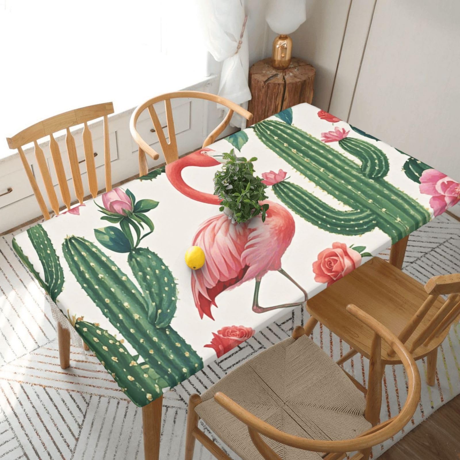 Fodpand Black Cactus Flamingo Rose Flowers Spandex Fitted Tablecloth For 5 Foot Rectangle Tables,Waterproof Picnic Table Cover Stretch Table Cloth Washable Table Protector For Picnic, Camping, Outdoor