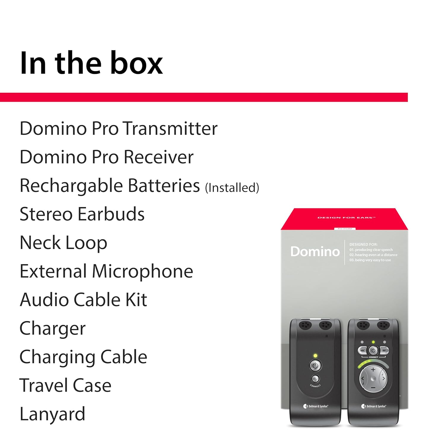 Contents of the Bellman & Symfon Domino Pro box including transmitter, receiver, earbuds, neck loop, and accessories.