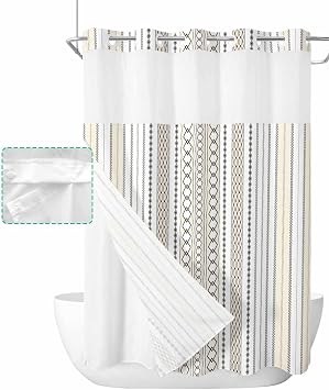 SEVENBABU Boho Striped No Hook Shower Curtain with Snap in Liner Waterproof Fabric Shower Curtain Set for Bathroom Modern Geometric Plaid Brown Shower Curtain with See Through Top Window 60"x72"