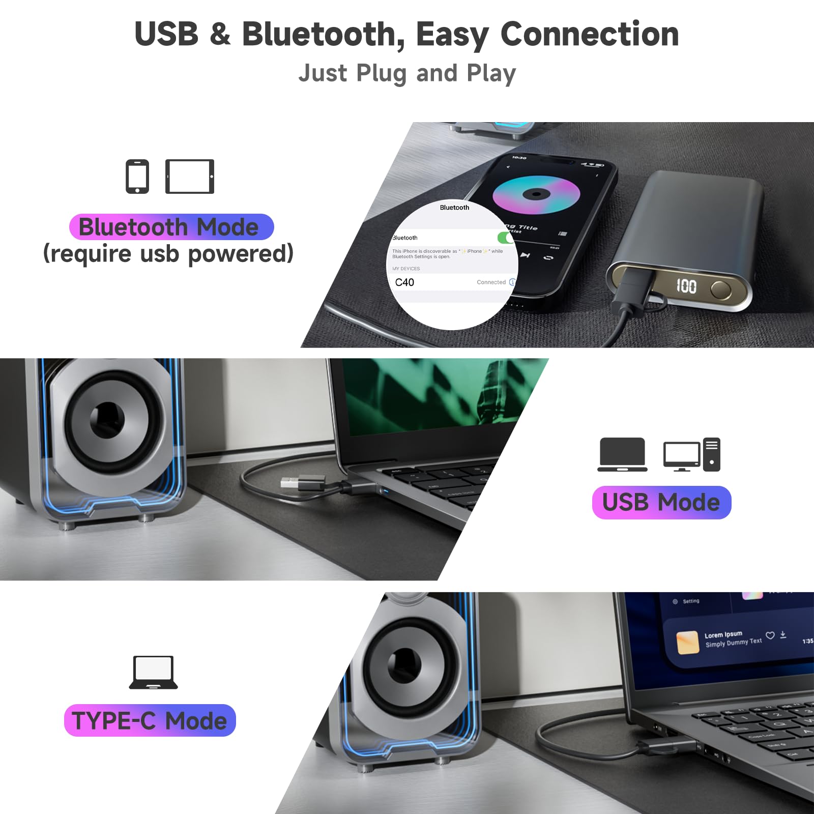 Altavoces de computadora 2.0, altavoces de PC con cable Bluetooth de 10 W alimentados por USB con cápsula de fácil control para escritorio, barra de sonido de escritorio pequeña con 5 modos de 3