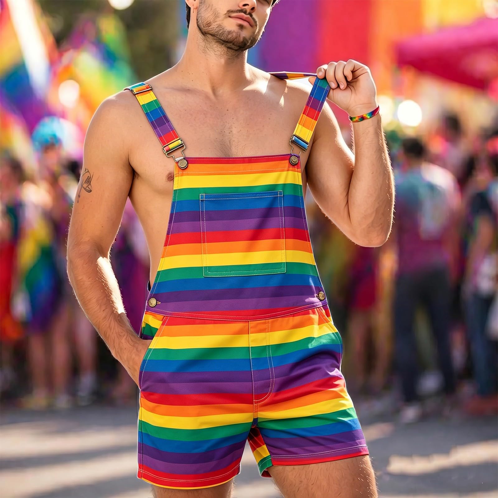 Salopette courte pour homme, vêtements arc-en-ciel, multicolore, imprimé arc-en-ciel, jambe droite, pantalon de travail avec poches, fête, carnaval, costume hippie, streetwear, salopette