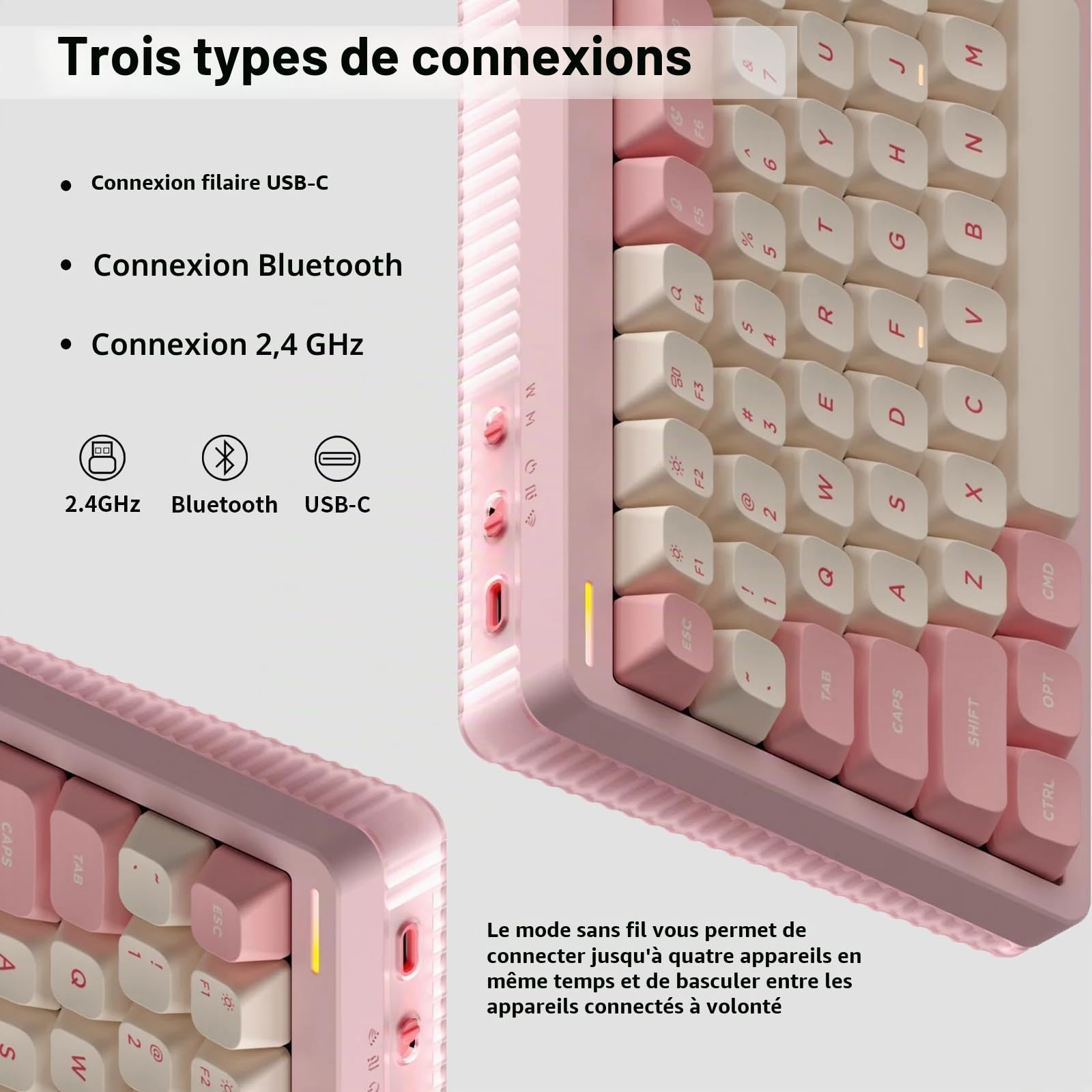 nuphy Clavier sans fil Halo96 V2, structure de joint, clavier de jeu remplaçable à chaud à 96 %, clavier mécanique rétroéclairé RVB 99 Kyes, prend en charge QMK/VIA, Bluetooth/USB-C/2,4 GHz-rose