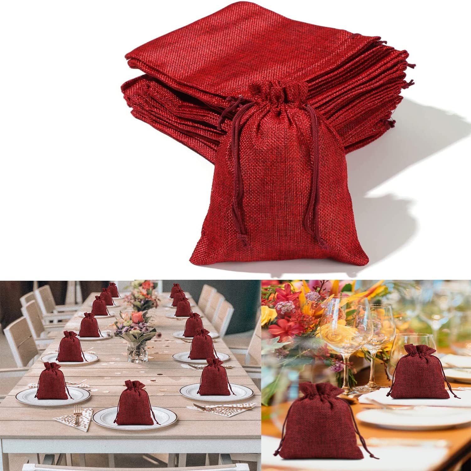 25 Pieces Burlap Drawstring Gift Bags Jute Burlap Drawstring Pouch Burlap Wedding Favor Bag Advent Calendar Treat Storage Bag Small Present Reusable Candy Goody Wrap Bags Wine Red