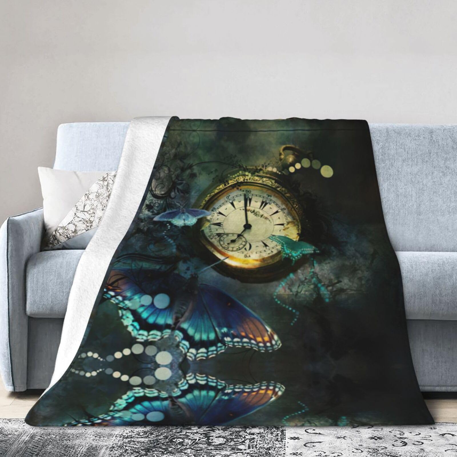 Uusnwaa Soft Cosy Fleece Warm Throw Butterfly Clocks Print Blanket