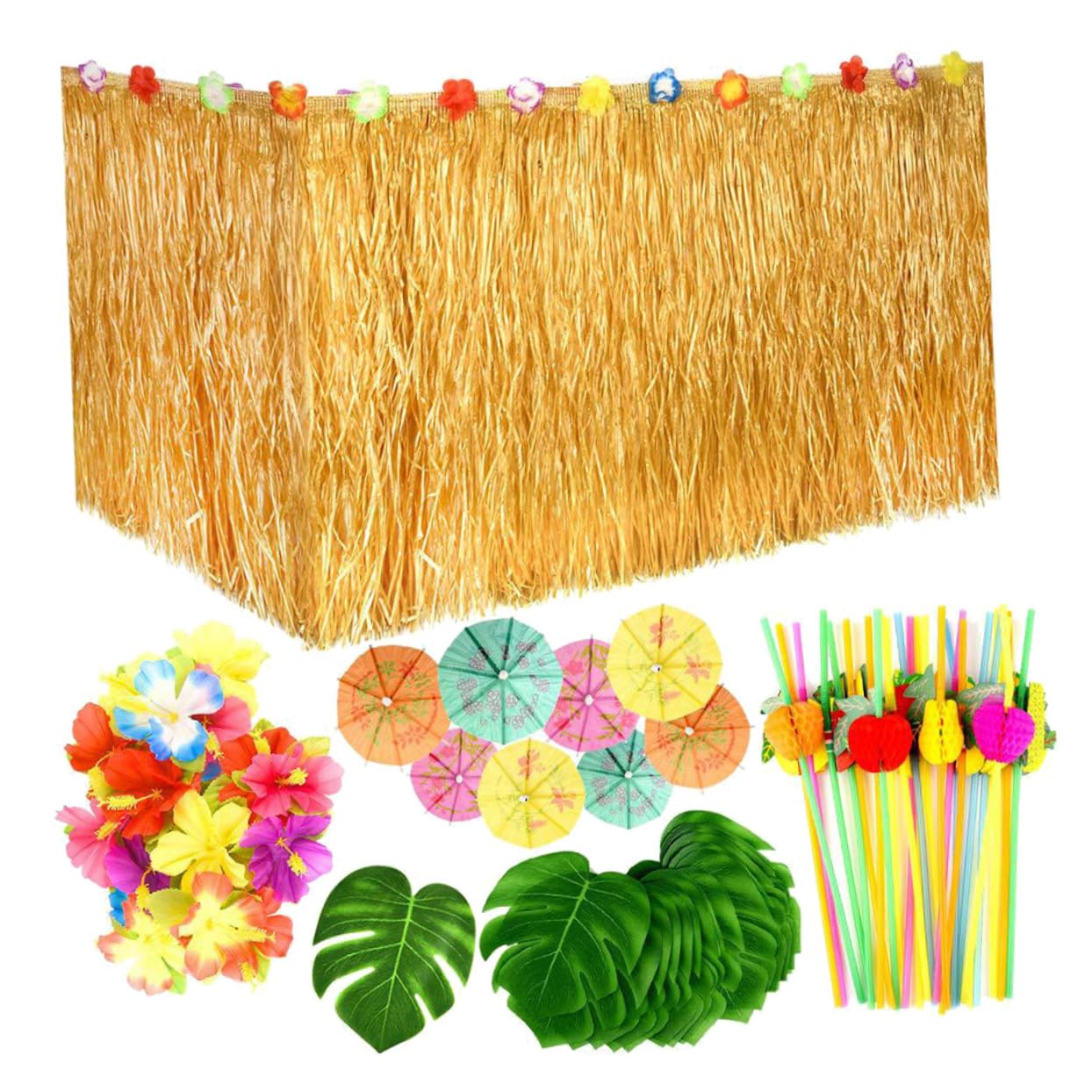NAMOARLY 1 Set Hawaiian Table Skirt Decoration with Simulation Monstera Assorted Color Umbrella Toppers Hibiscus Flowers and Straws for Luau Party and Tropical Gatherings