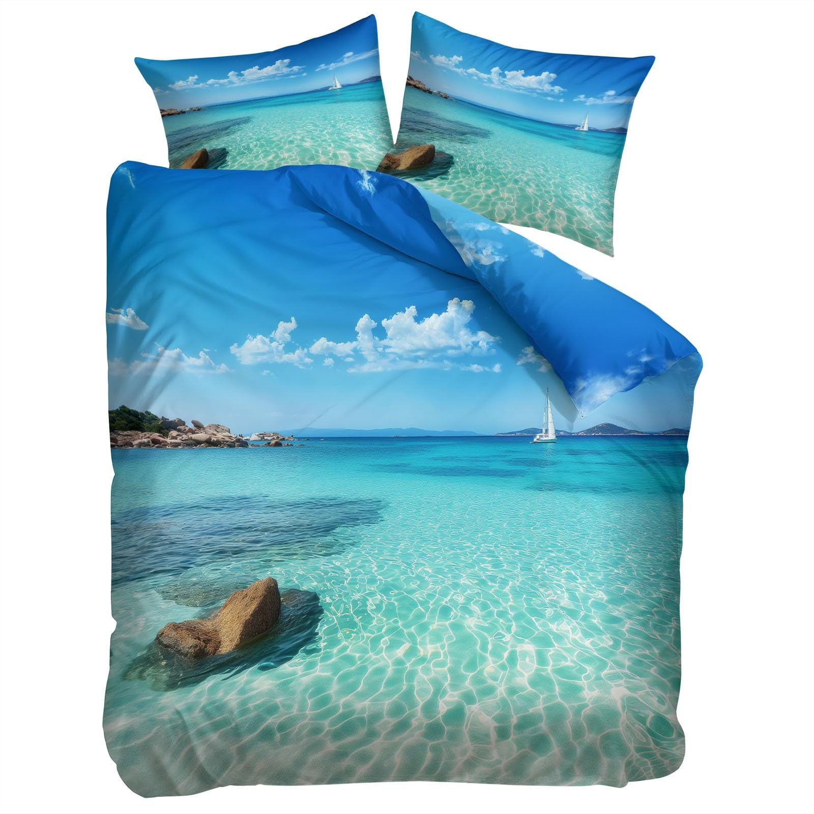 Doppelbett Türkis Meer Bettwäsche-Set 200 x 200 cm mit 2 Kopfkissenbezügen 80x80 cm, Mikrofaser Wendbares Muster- Kinder- und Babybettwäsche mit Reißverschluss