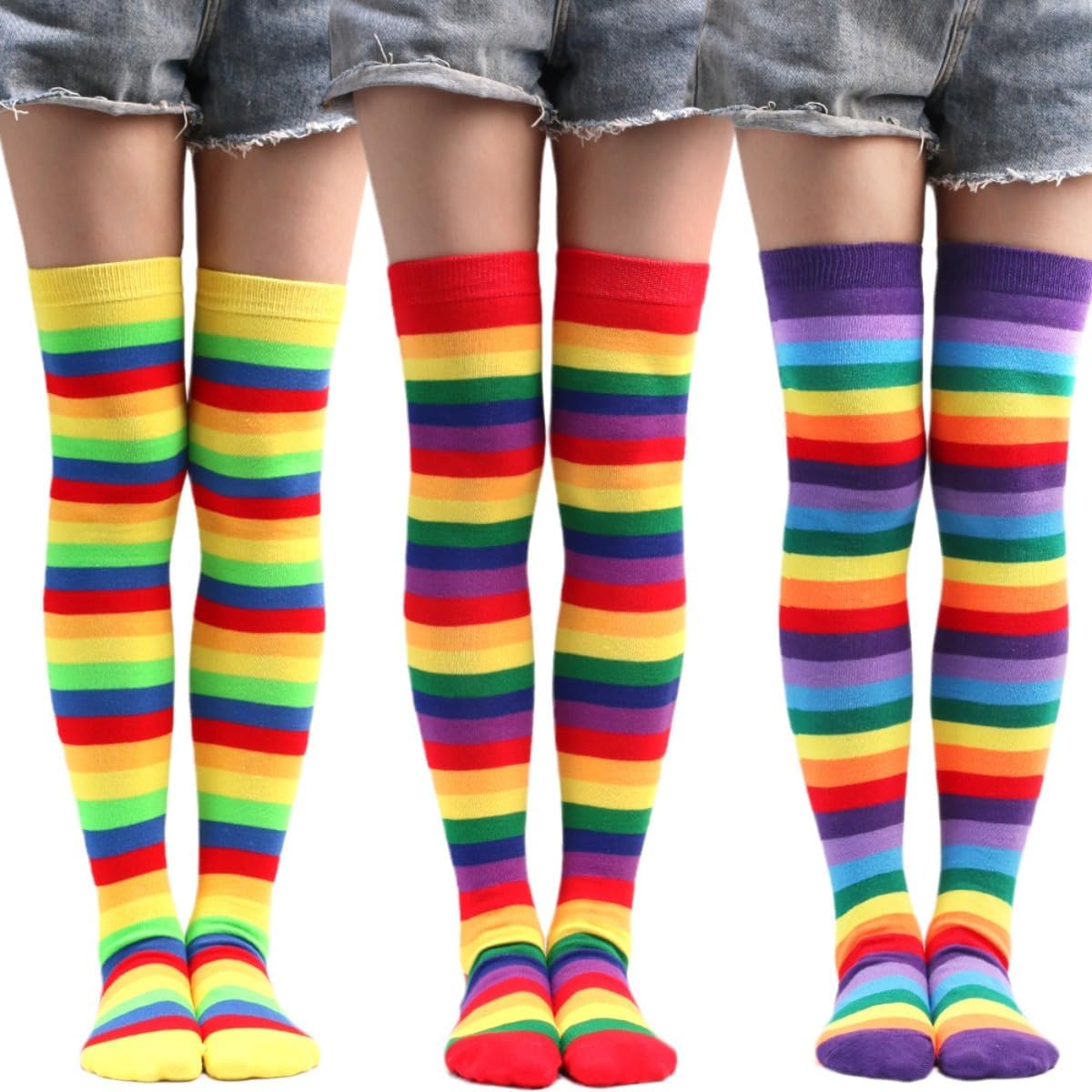 Rainbow Striped Arm Leg Warmers Sleeves Set Rainbow Knee High Socks Warm Fingerless Gloves for Women - Image 2