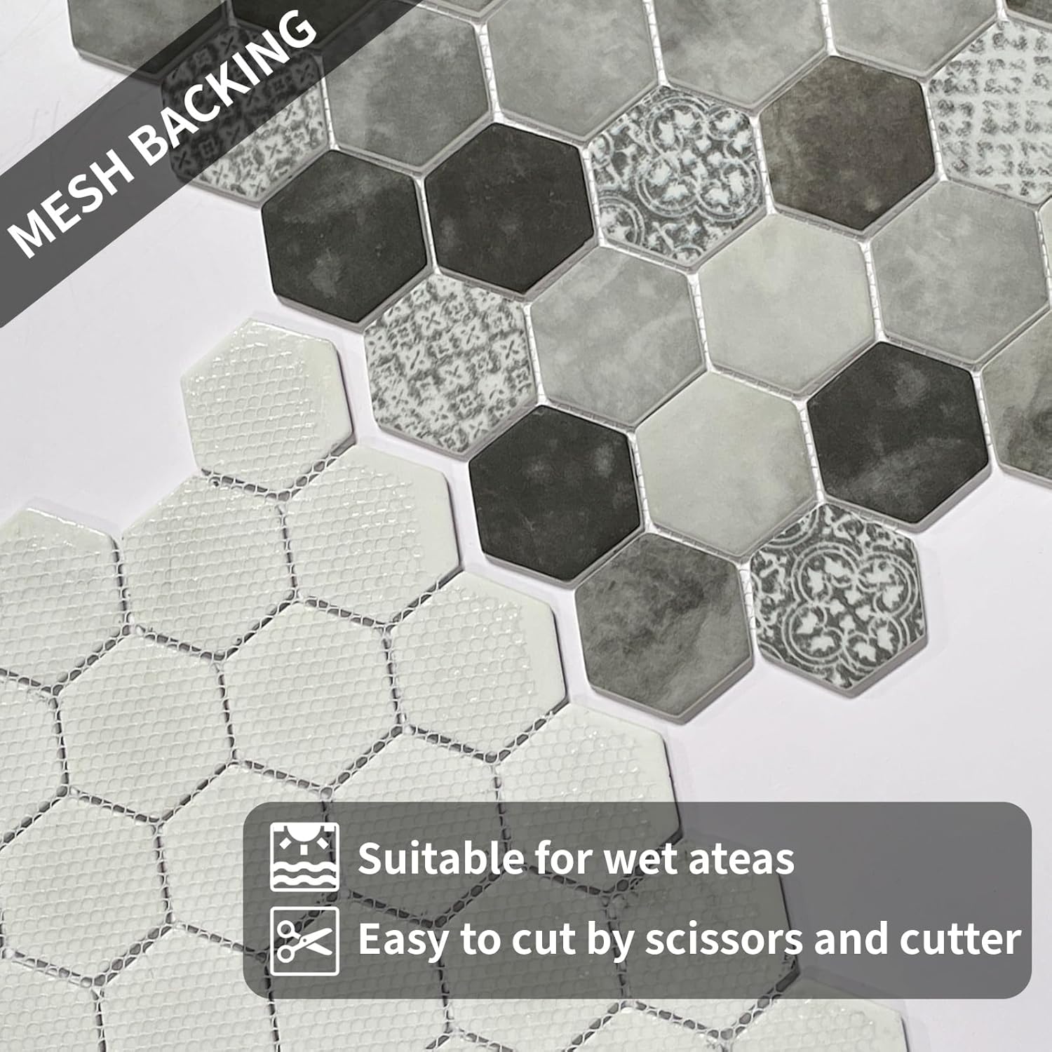 8-Sheet Gray Hexagon Glass Mosaic,Tiles for Kitchen Bathroom Shower