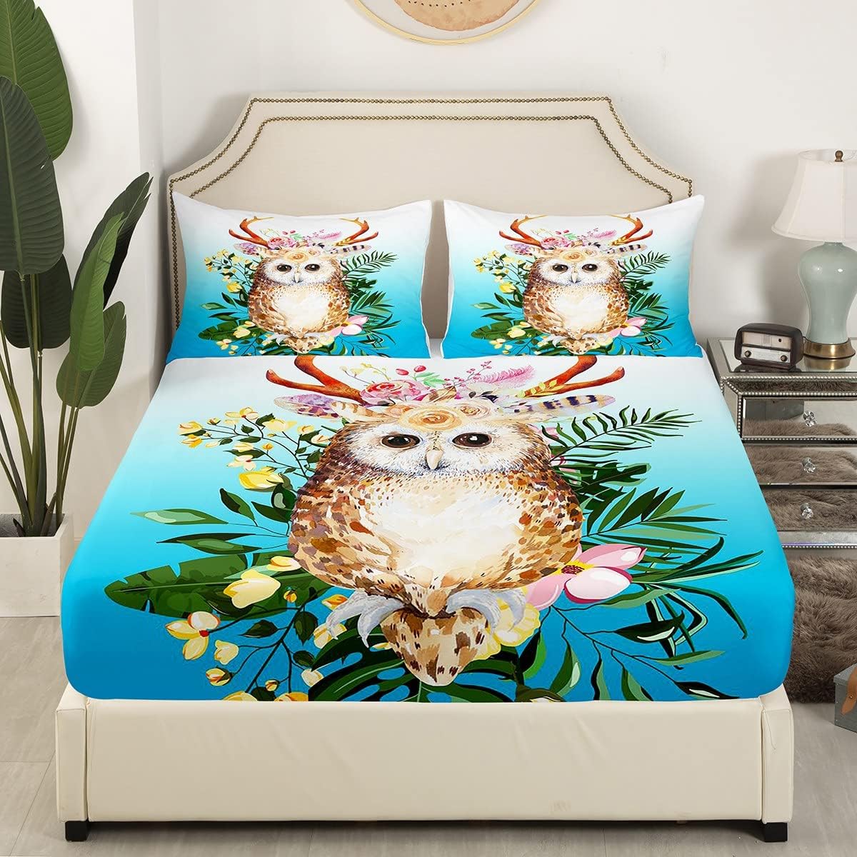 Erosebridal Owl Fitted Bed Sheets, Yellow Pink Flower Fitted Sheet Queen Size Cute Animal Bird Bed Sheets for Kids Boys Girls Teens, Floral Leaf Turquoise Bedding Decor Set with Deep Pocket