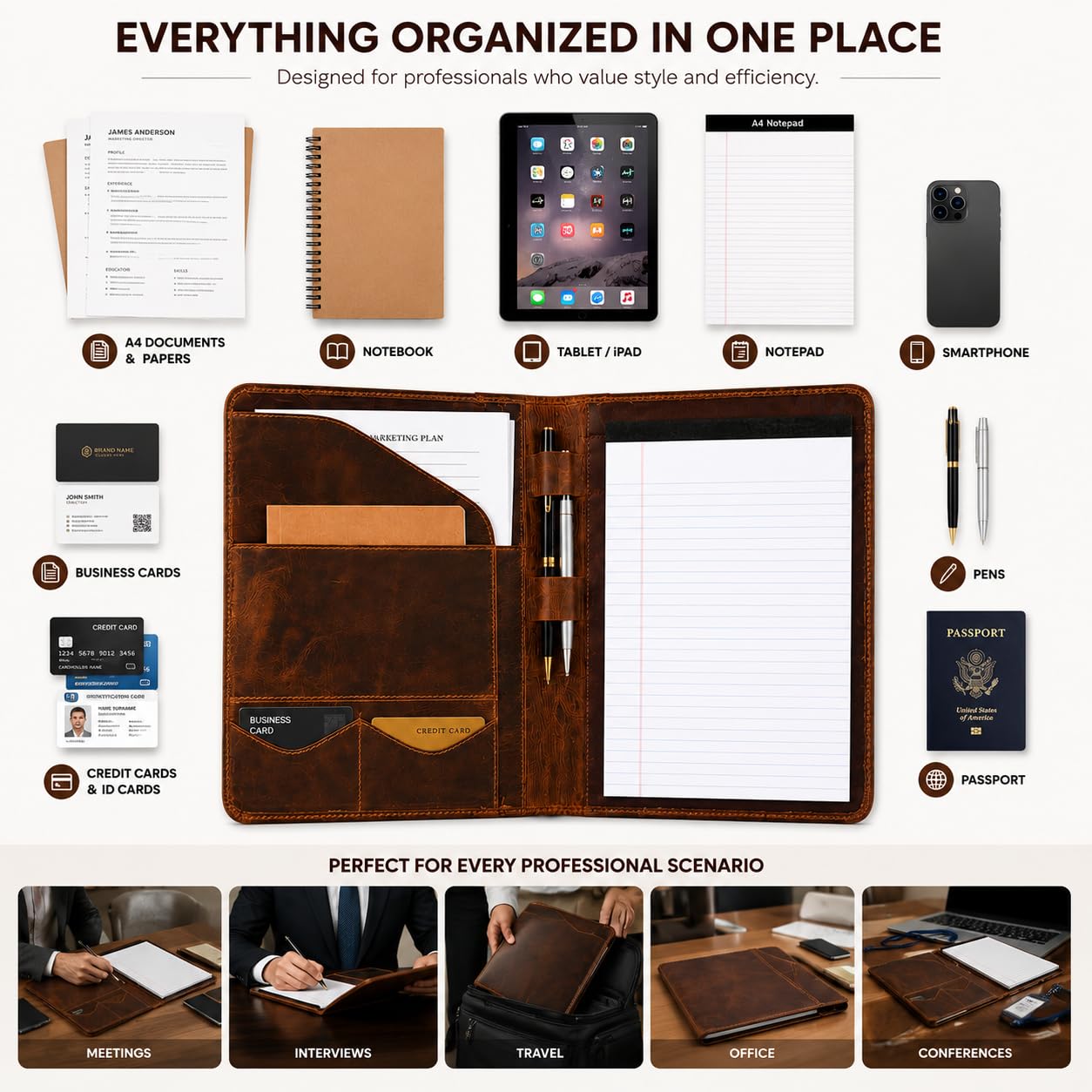 Portefeuille d'affaires en cuir – Porte-documents en cuir A4 pour homme et femme | Porte-documents professionnel avec porte-cartes de visite, bloc-notes et fente pour stylo – Idéal pour les réunions
