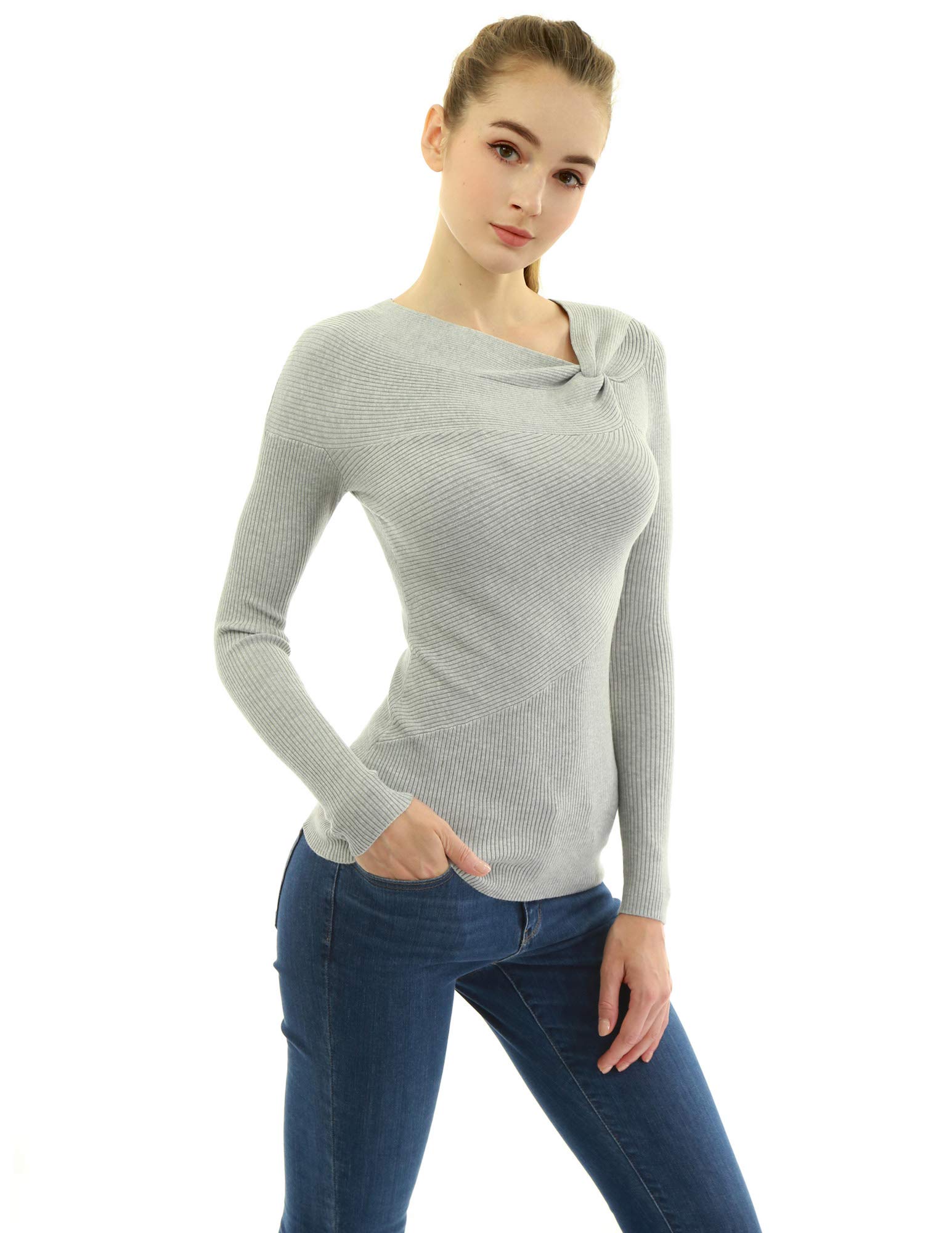 AmélieBoutik Women Asymmetric Twist Knot Neckline Ribbed Jumper - Grey - Large