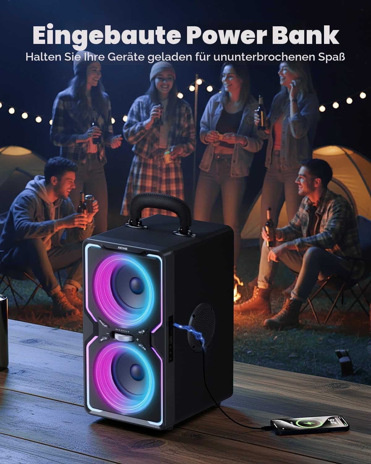 AKONE Party Bluetooth Lautsprecher, 240W Musikbox Bluetooth Groß, Loud Sound Partybox, Natur Super Bass,15H,TWS, Bunte LED-Lichtshow, Soundbox für Party, Camping, Beach, Backyard, Home