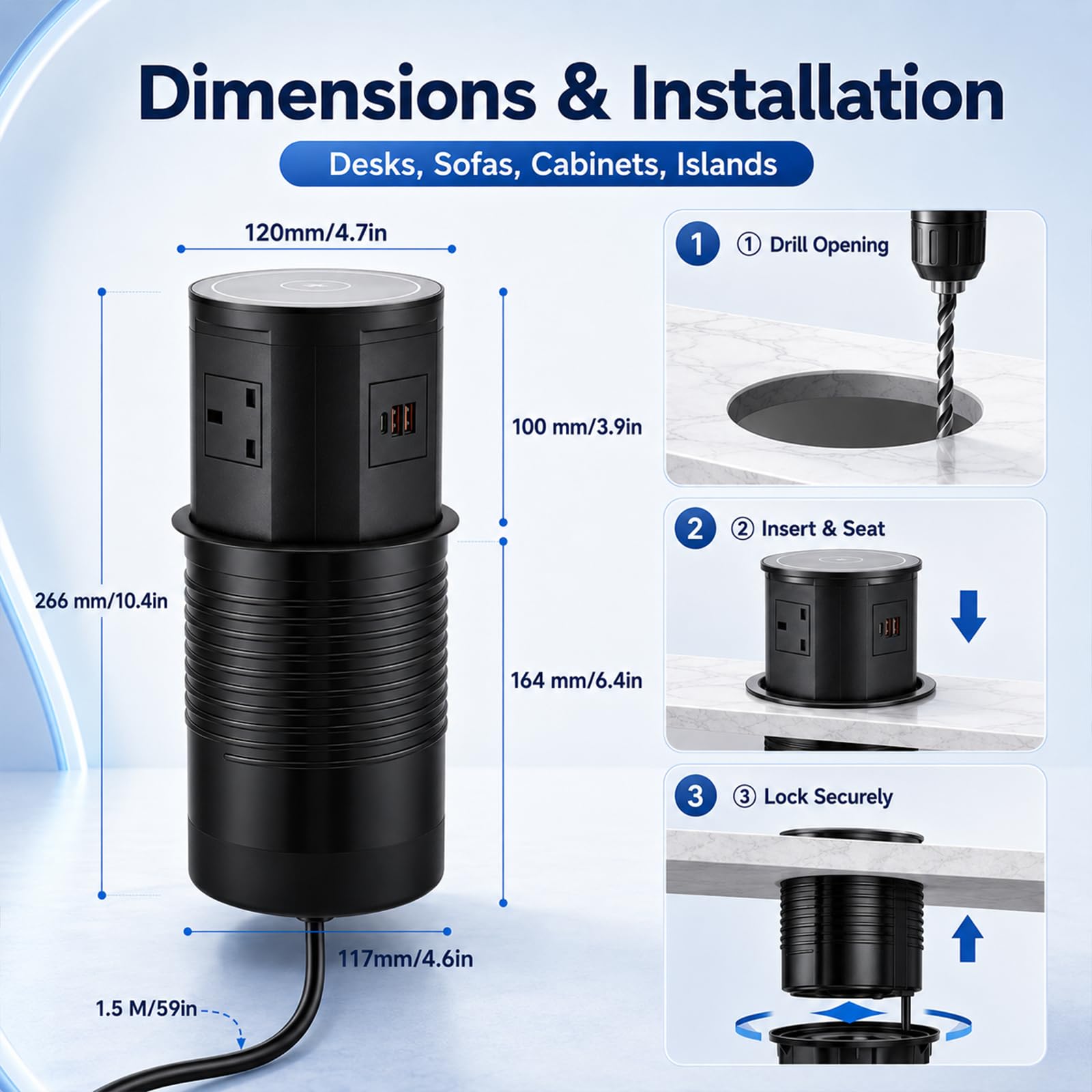 Presa a scomparsa con 2 A + 1 C 4 prese con caricabatterie wireless da 15 W
